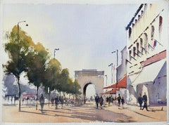 Aquarelle britannique représentant des personnages descendant du boulevard près de l'Arc de Triomphe, Paris