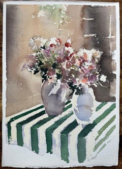 British Watercolor of Floral Arrangement on Green-Striped Table