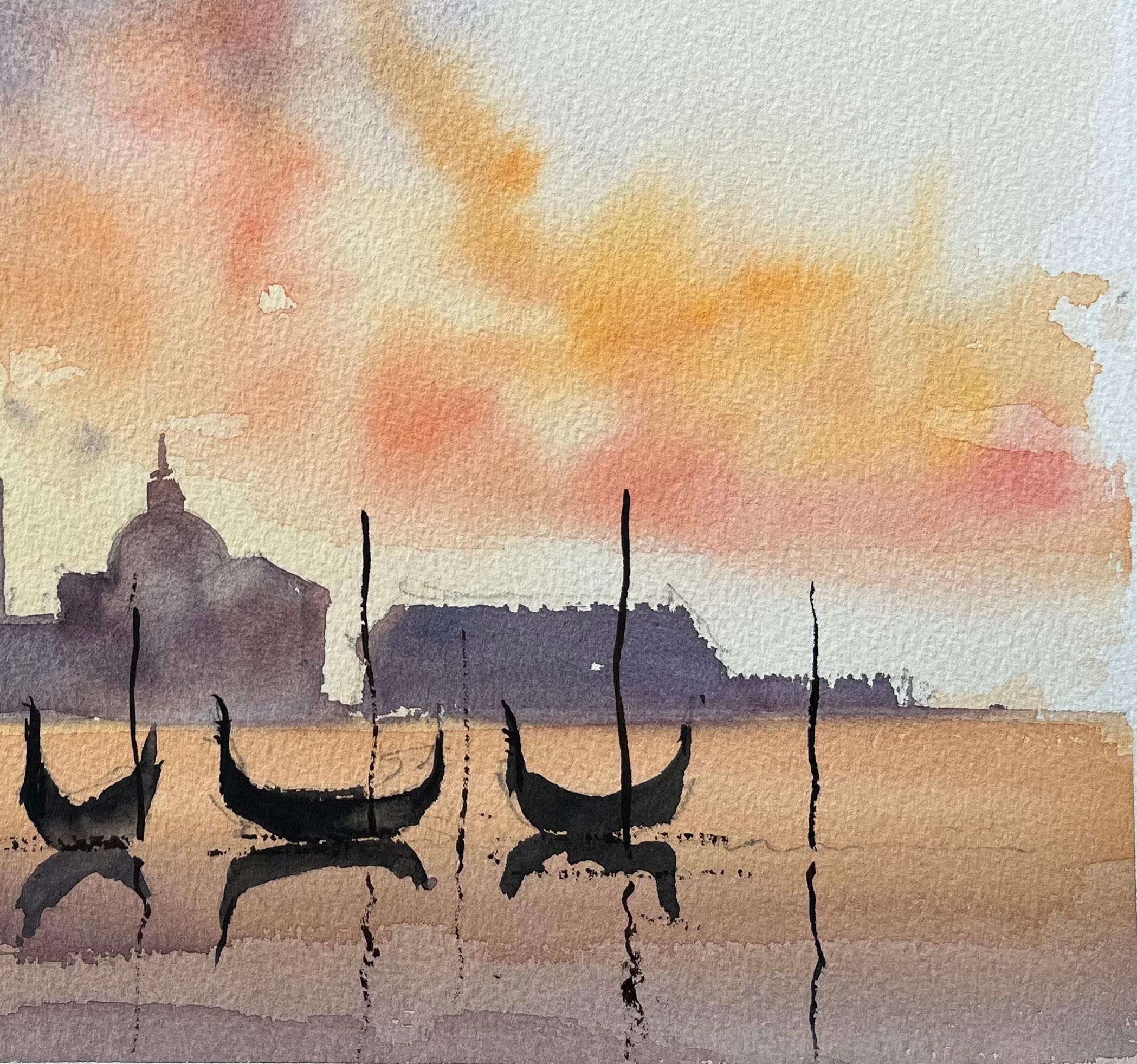 Titel: Britisches Aquarell von Gondeln bei Sonnenuntergang mit einer Silhouette der Skyline
Von Anthony Avery (Brite 1946-2023)
Original-Aquarell auf Künstlerpapier, ungerahmt
Abmessungen: 11,25 x 15,25 Zoll (Höhe x Breite)
Zustand: Gut, mit