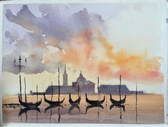 British Watercolor of Gondolas at Sunset with a Silhouetted Skyline