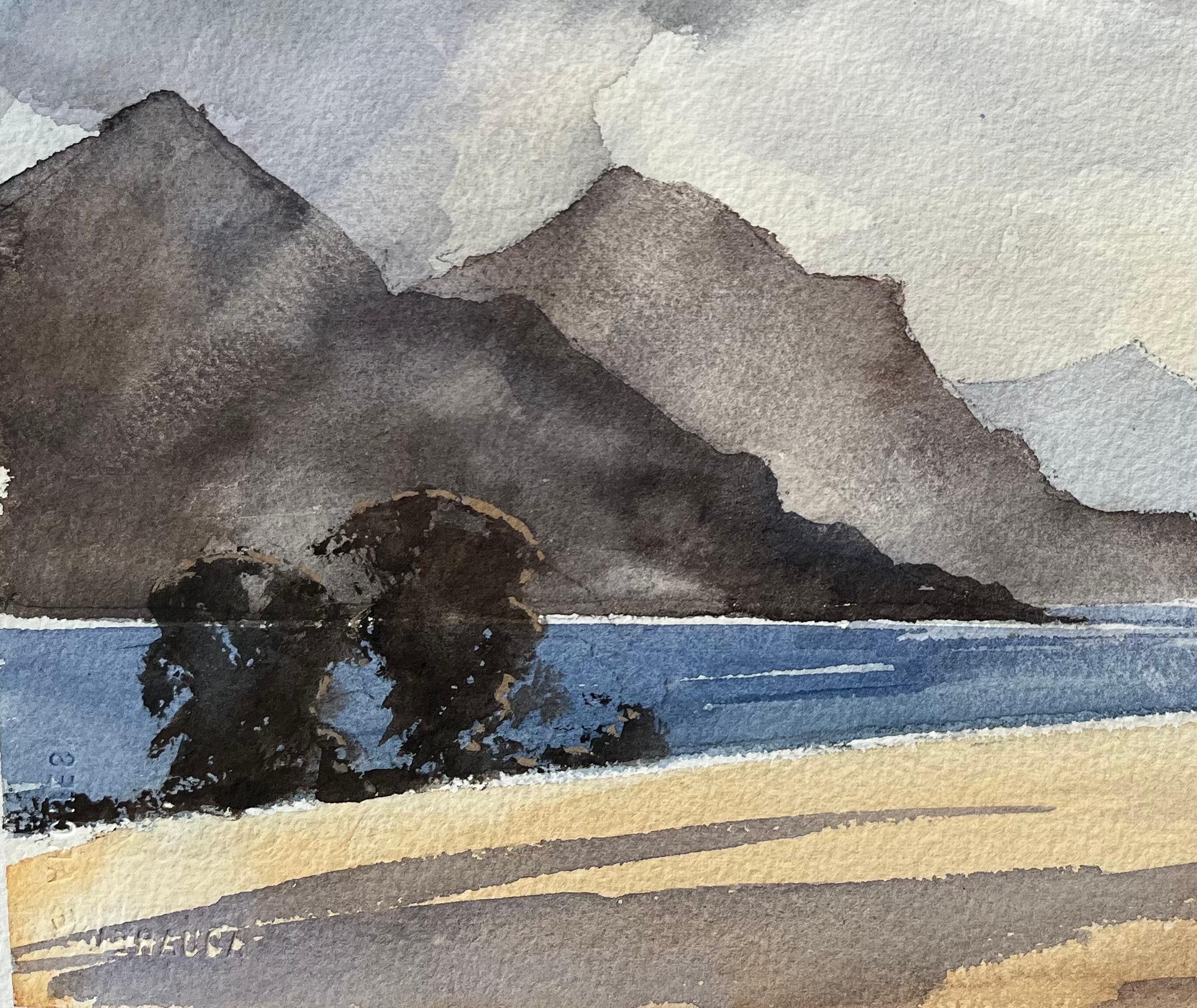 Britisches Aquarell eines Bergseees unter dramatischen Skiern (Impressionismus), Painting, von Anthony Avery