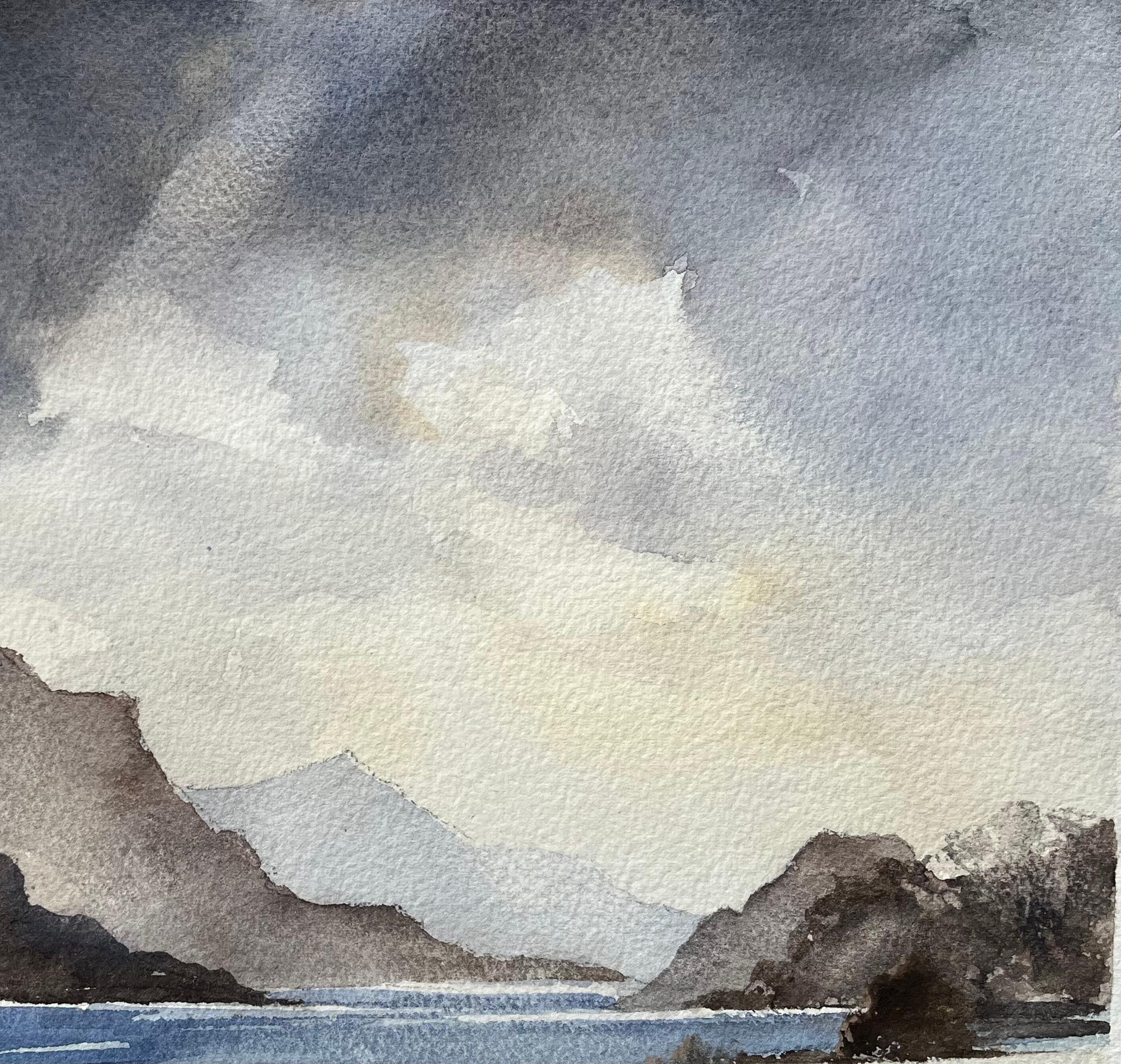 Britisches Aquarell eines Bergseees unter dramatischen Skiern im Angebot 1