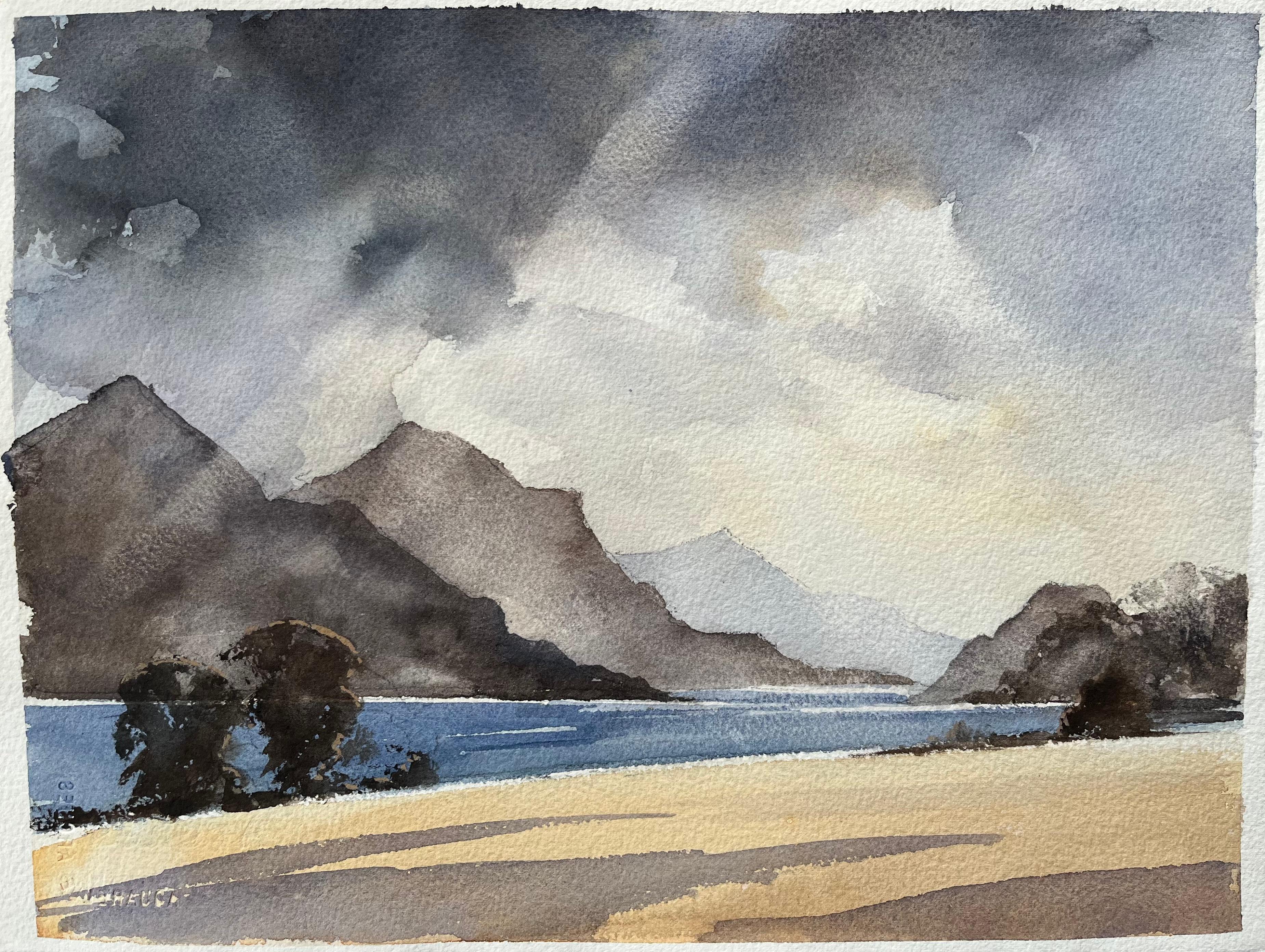 Aquarelle britannique représentant un lac de montagne sous des skis spectaculaires