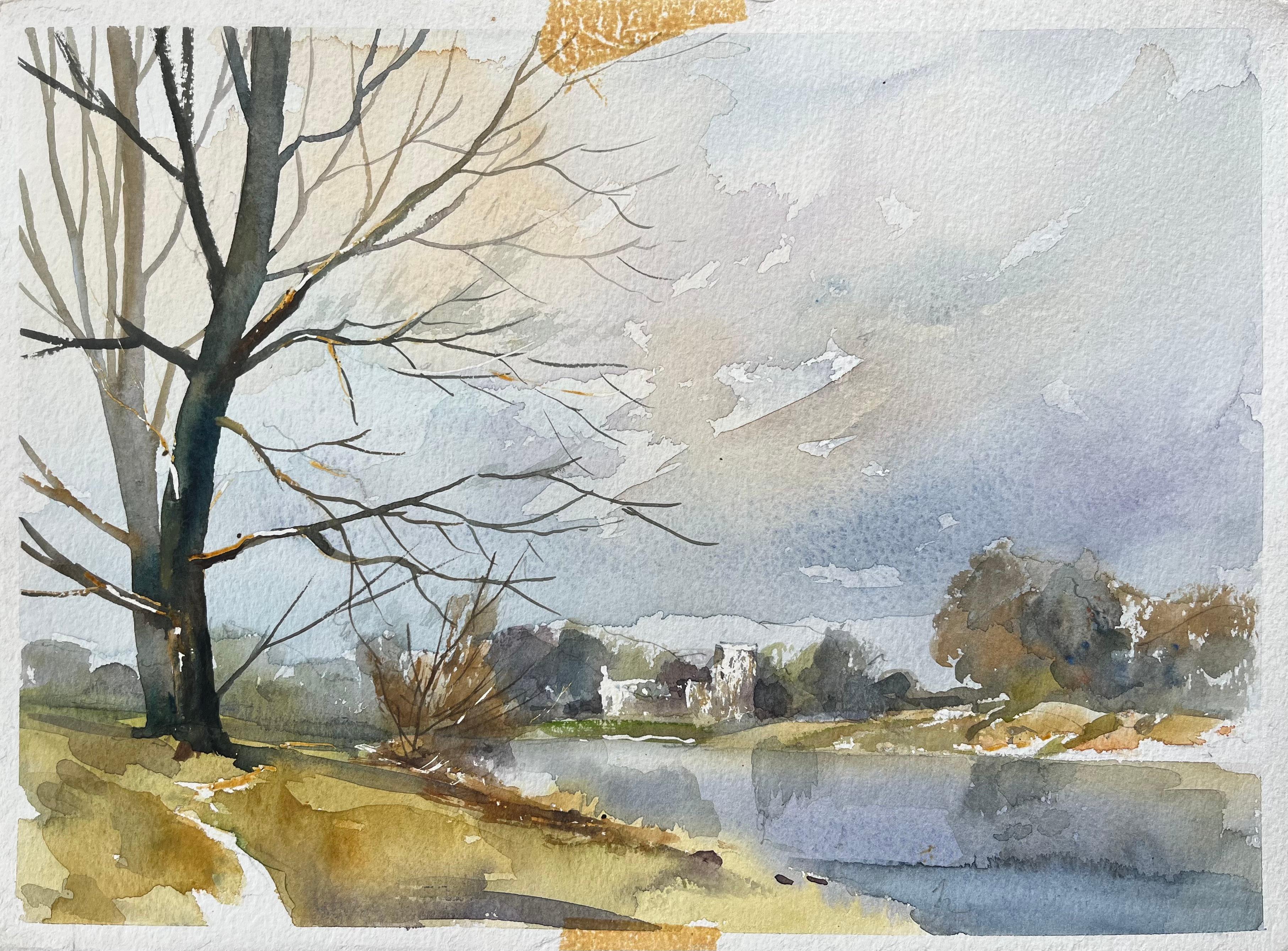 Landscape Painting di Anthony Avery - Acquerello britannico di una scena lungo il fiume con una chiesa distante