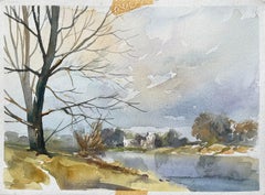 Aquarelle britannique d'une scène de bord de rivière avec une église distance