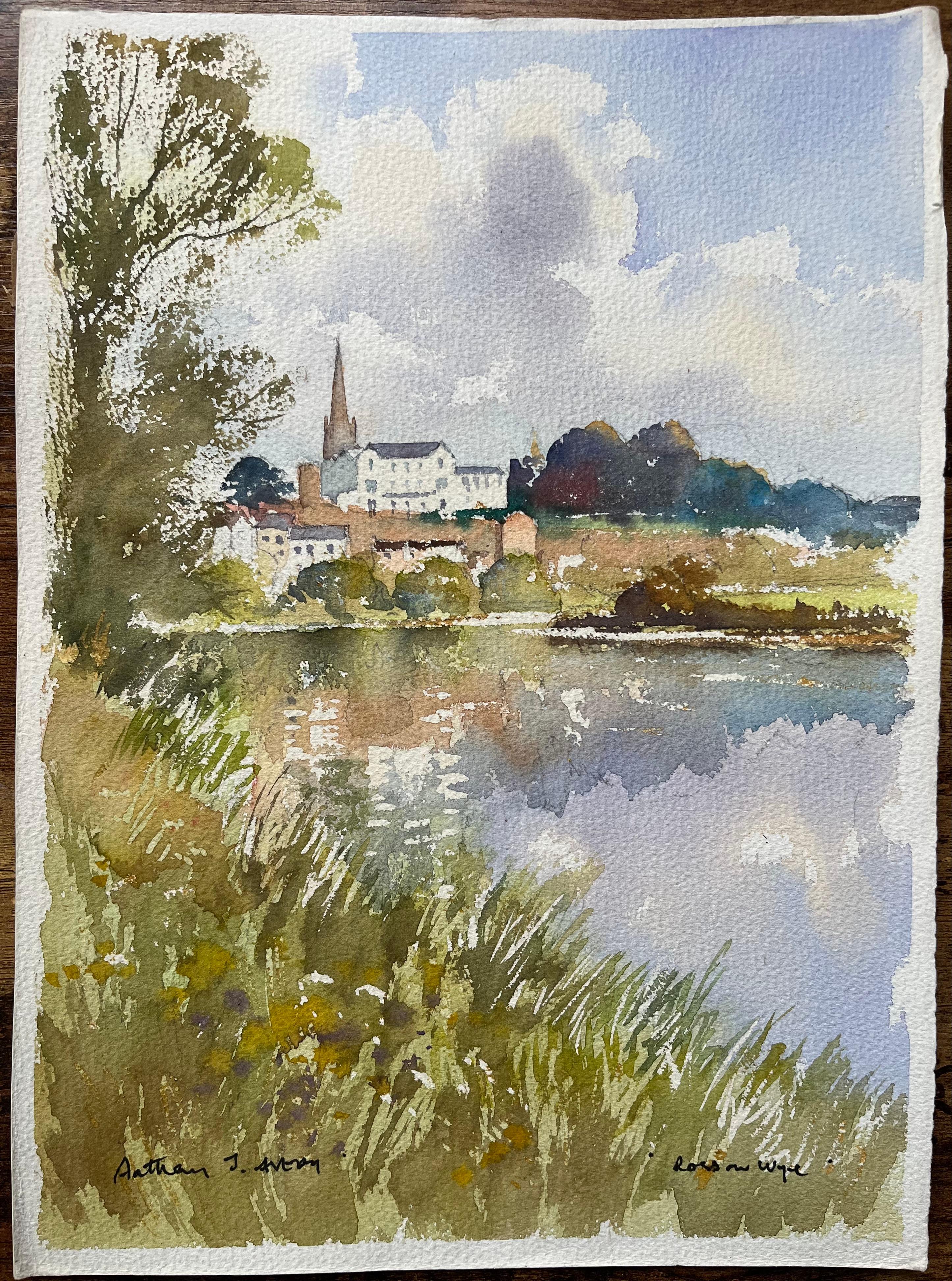 Aquarelle britannique d'une scène de bord de rivière Ross-on-Wye avec spirale et reflets - Painting de Anthony Avery