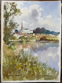 British Watercolor of Ross-on-Wye Riverside Scene with Spire and Reflections