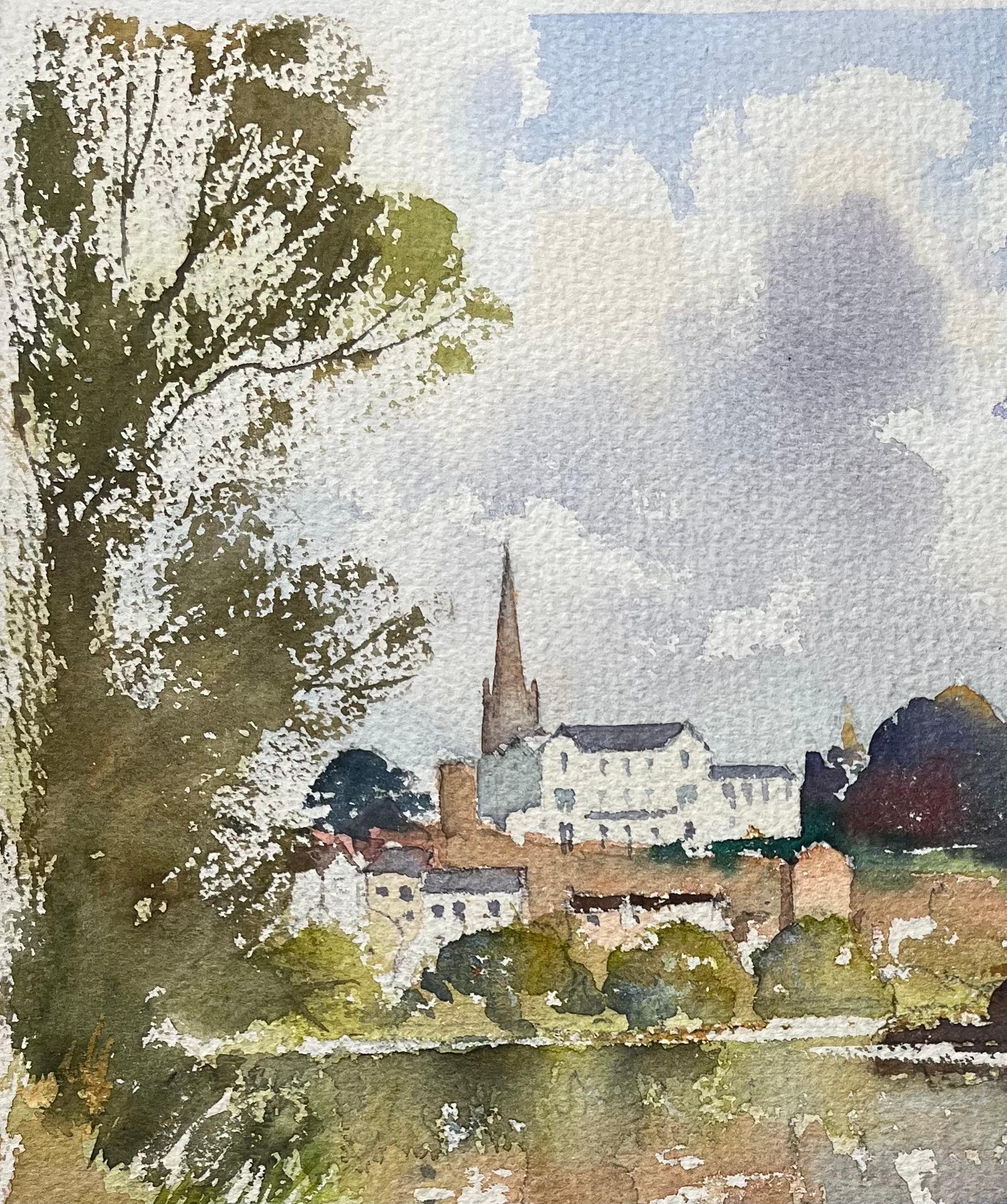 Aquarelle britannique d'une scène de bord de rivière Ross-on-Wye avec spirale et reflets - Impressionnisme Painting par Anthony Avery