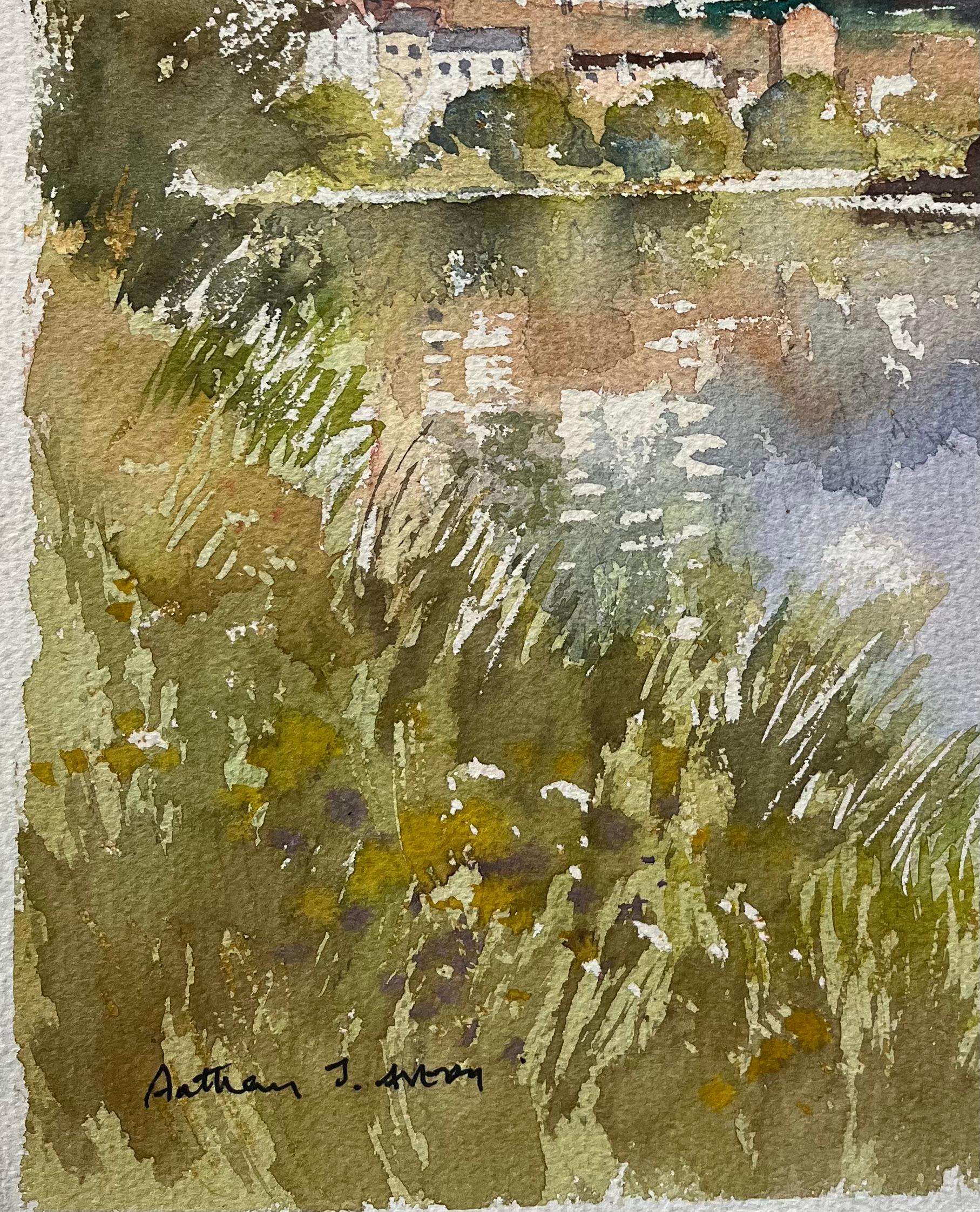 Aquarelle britannique d'une scène de bord de rivière Ross-on-Wye avec spirale et reflets en vente 1