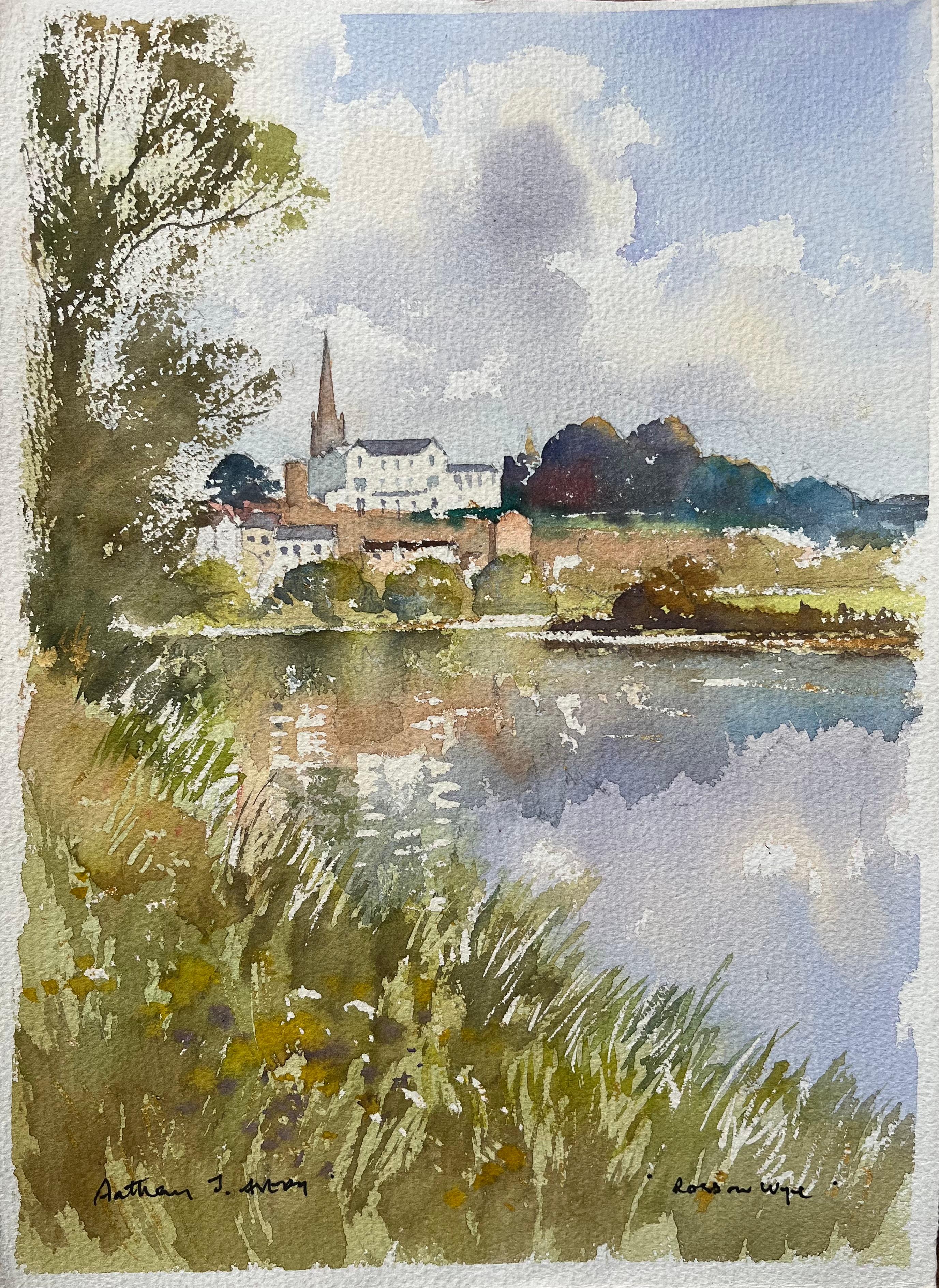 Landscape Painting Anthony Avery - Aquarelle britannique d'une scène de bord de rivière Ross-on-Wye avec spirale et reflets