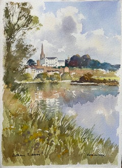 British Watercolor of Ross-on-Wye Riverside Scene with Spire and Reflections
