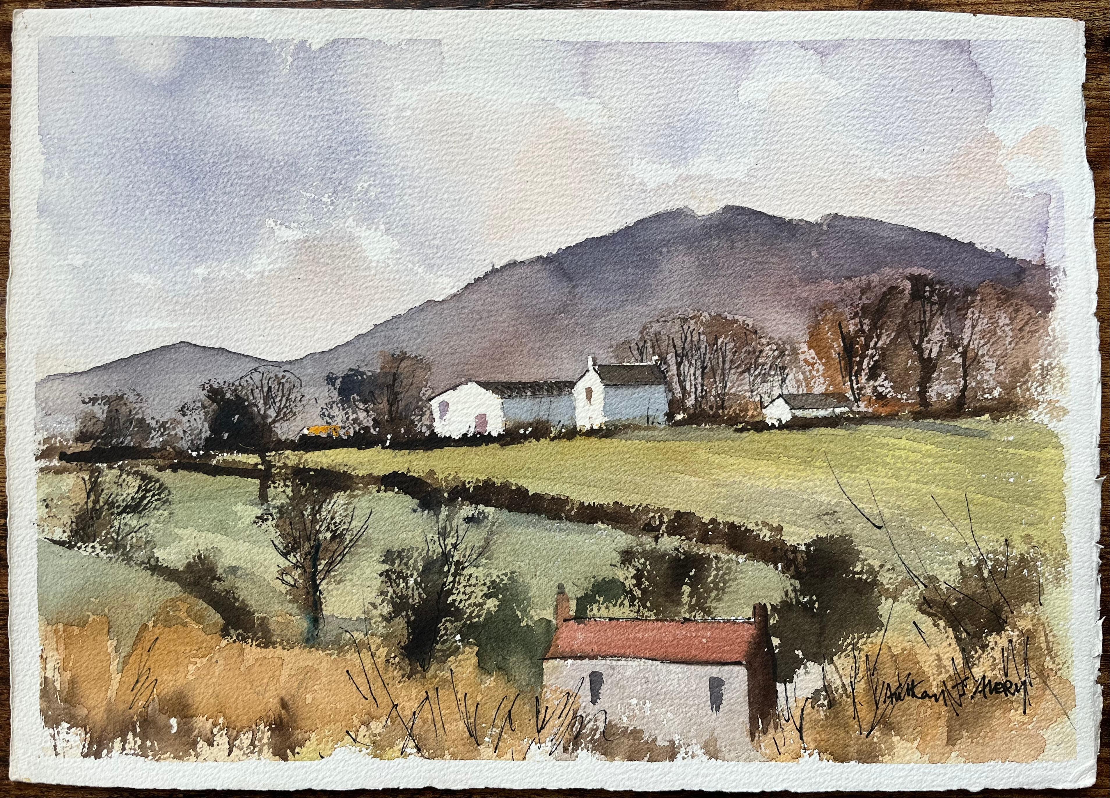 Aquarelle britannique d'une campagne rurale avec des fermes - Painting de Anthony Avery