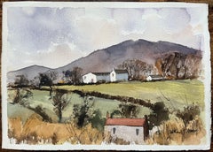 British Watercolor of Rural Countryside with Farmhouses