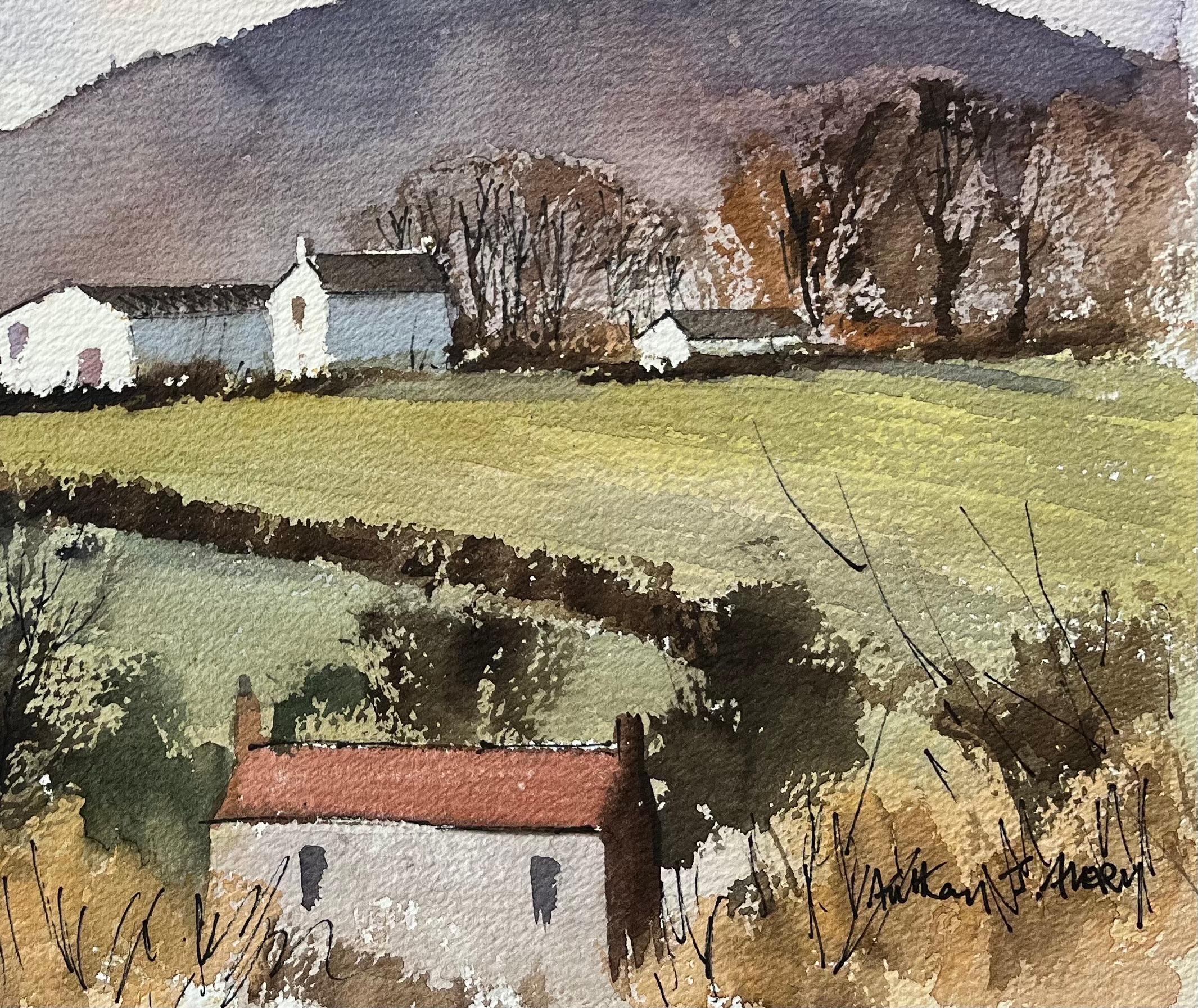 Aquarelle britannique d'une campagne rurale avec des fermes - Impressionnisme Painting par Anthony Avery