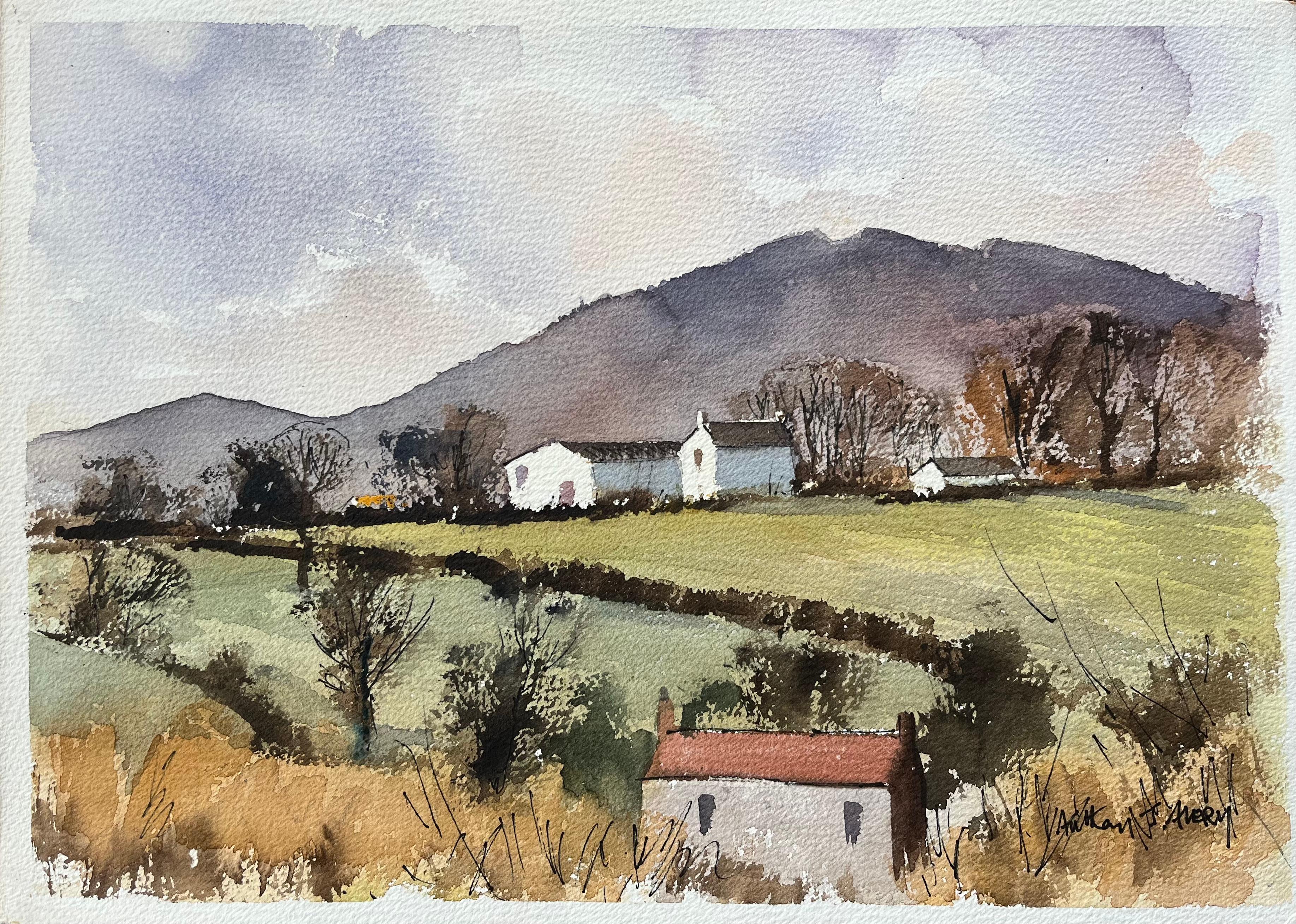 Landscape Painting Anthony Avery - Aquarelle britannique d'une campagne rurale avec des fermes