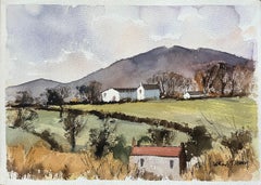 Britisches Aquarell der ländlichen Landschaft mit Bauernhäusern