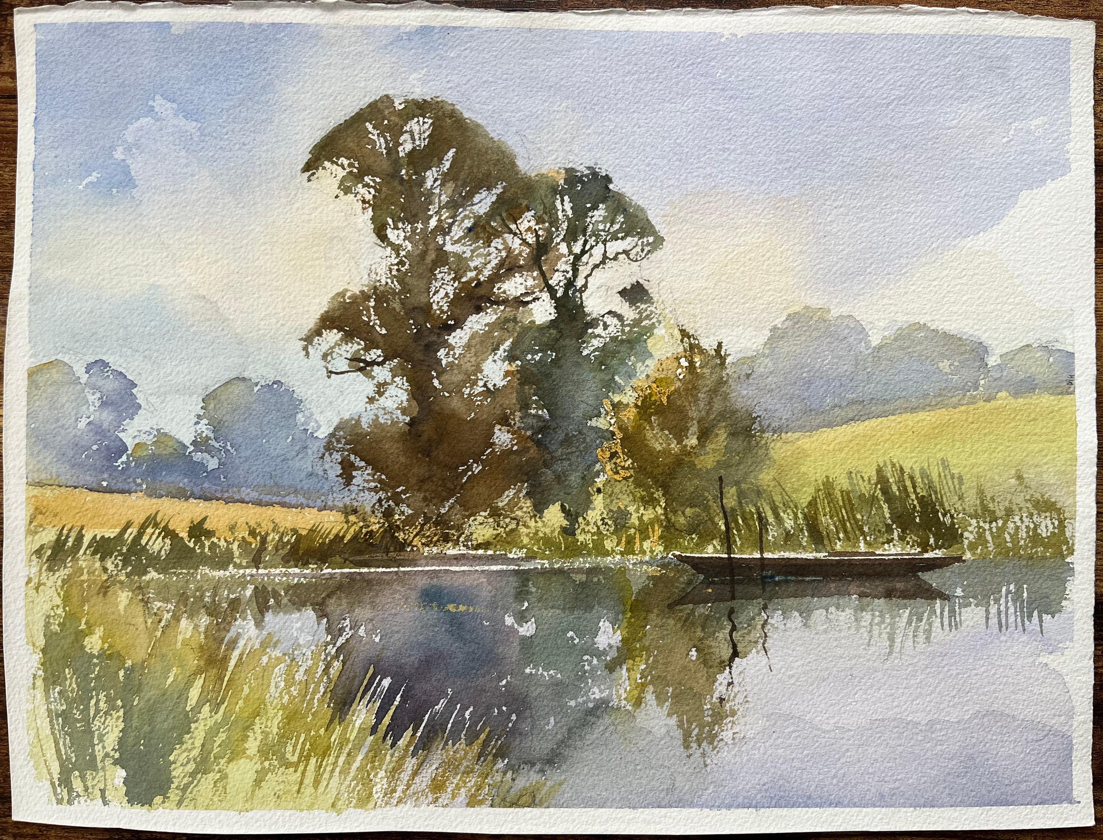 Acuarela británica de paisaje sereno con reflejo y barco - Painting de Anthony Avery