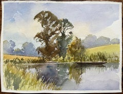 British Watercolor of Serene Landscape with Reflection and Boat