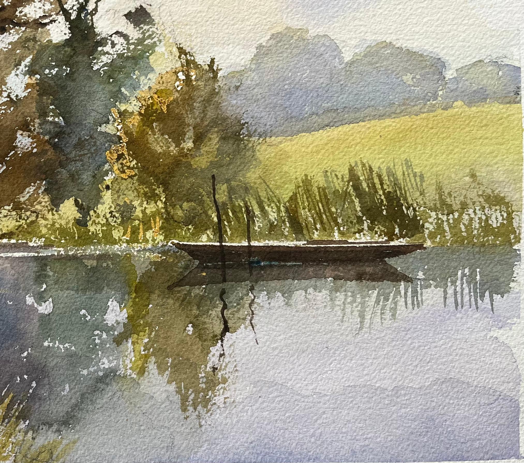 Acuarela británica de paisaje sereno con reflejo y barco - Painting Impresionista de Anthony Avery