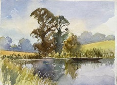 Acuarela británica de paisaje sereno con reflejo y barco