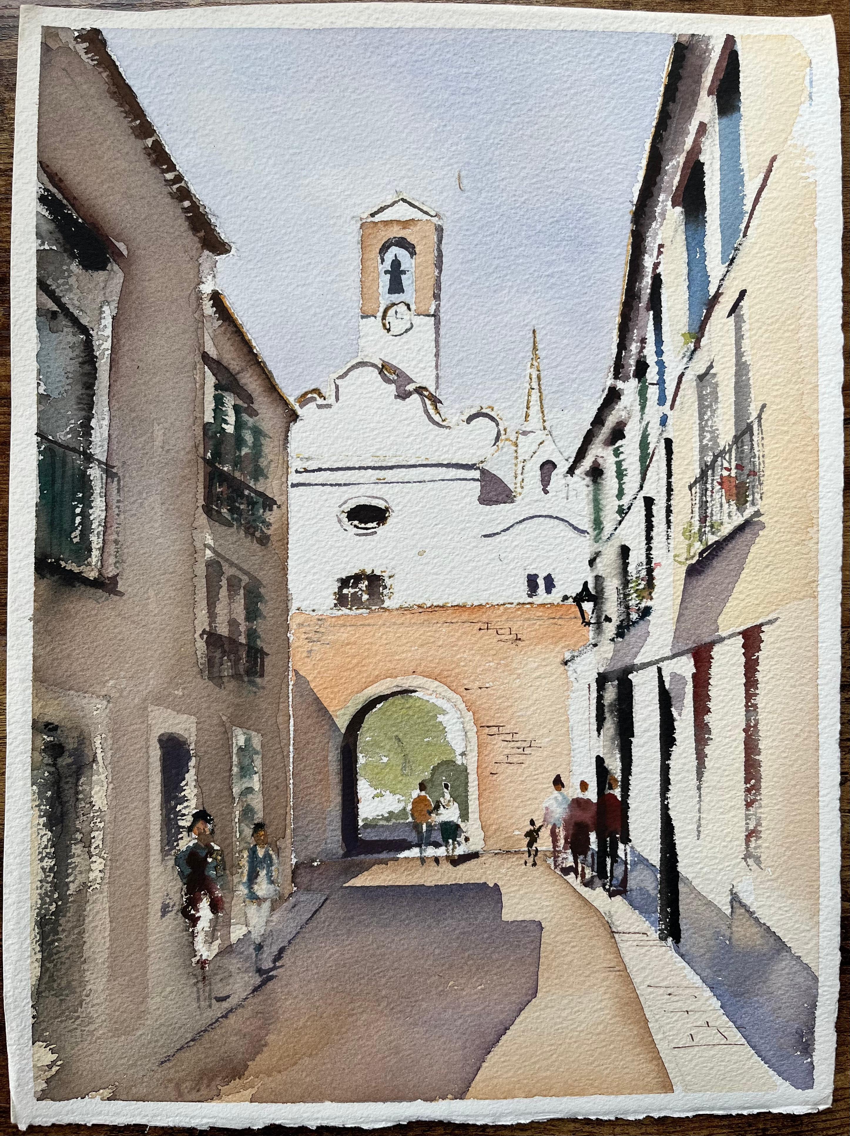 Aquarelle britannique d'une scène de village espagnol avec église et arche - Painting de Anthony Avery