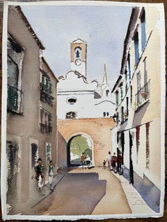 British Watercolor of Spanish Village Scene with Church and Archway