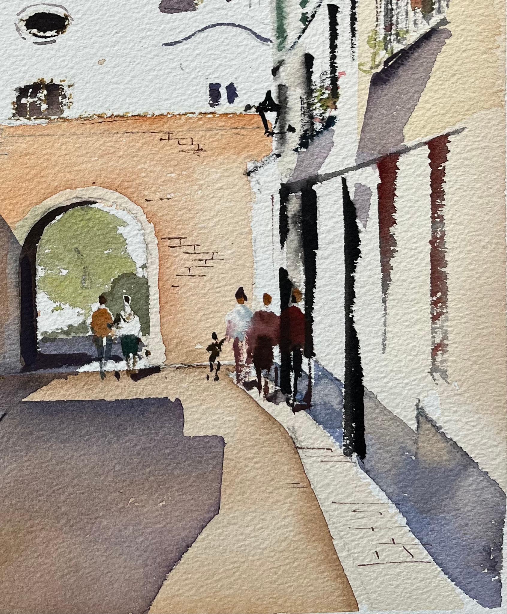 Aquarelle britannique d'une scène de village espagnol avec église et arche - Impressionnisme Painting par Anthony Avery