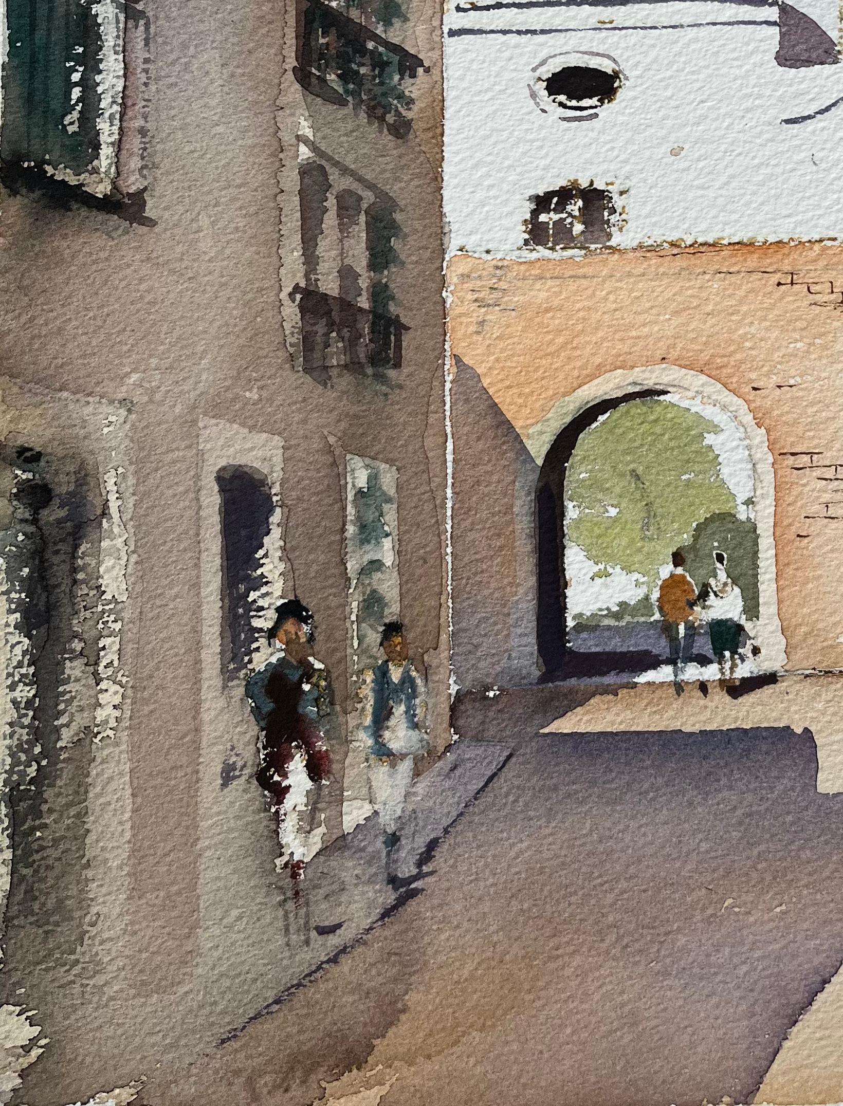 Aquarelle britannique d'une scène de village espagnol avec église et arche - Gris Landscape Painting par Anthony Avery
