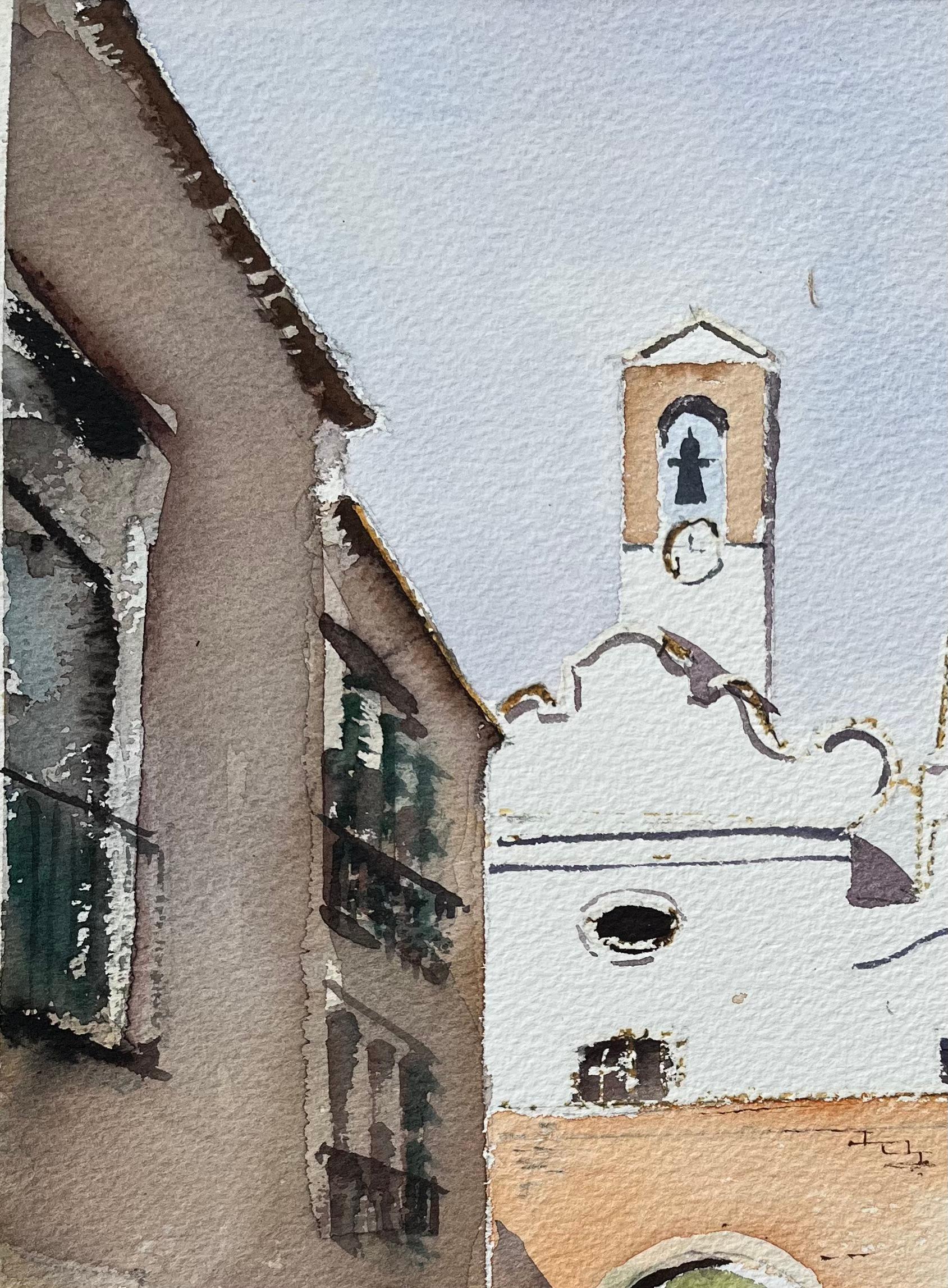 Aquarelle britannique d'une scène de village espagnol avec église et arche en vente 1