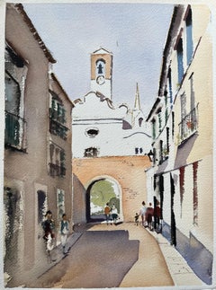 British Watercolor of Spanish Village Scene with Church and Archway