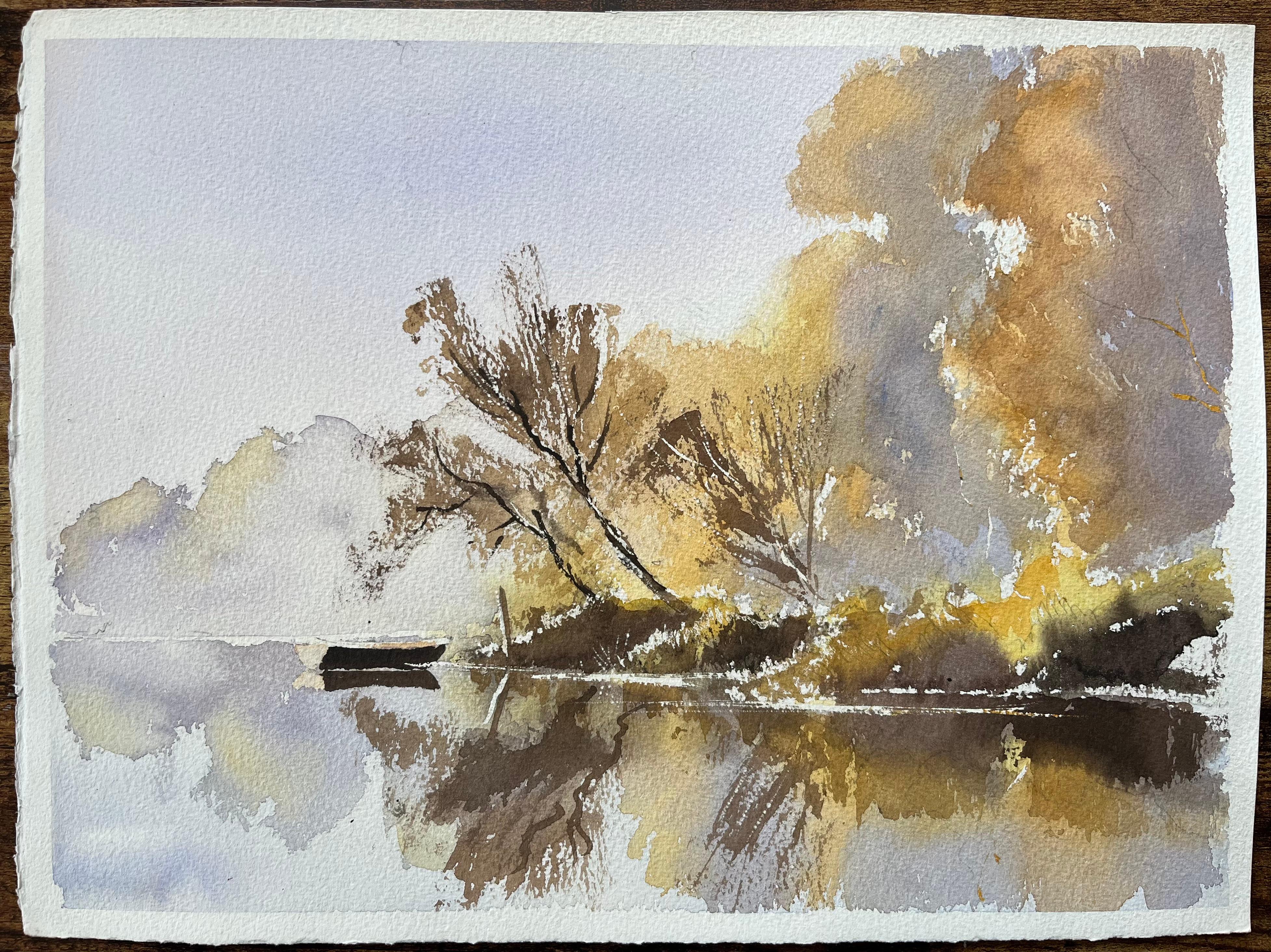 Britisches Aquarell mit herbstlichen Reflexionen auf einem Stillsee mit Boot – Painting von Anthony Avery