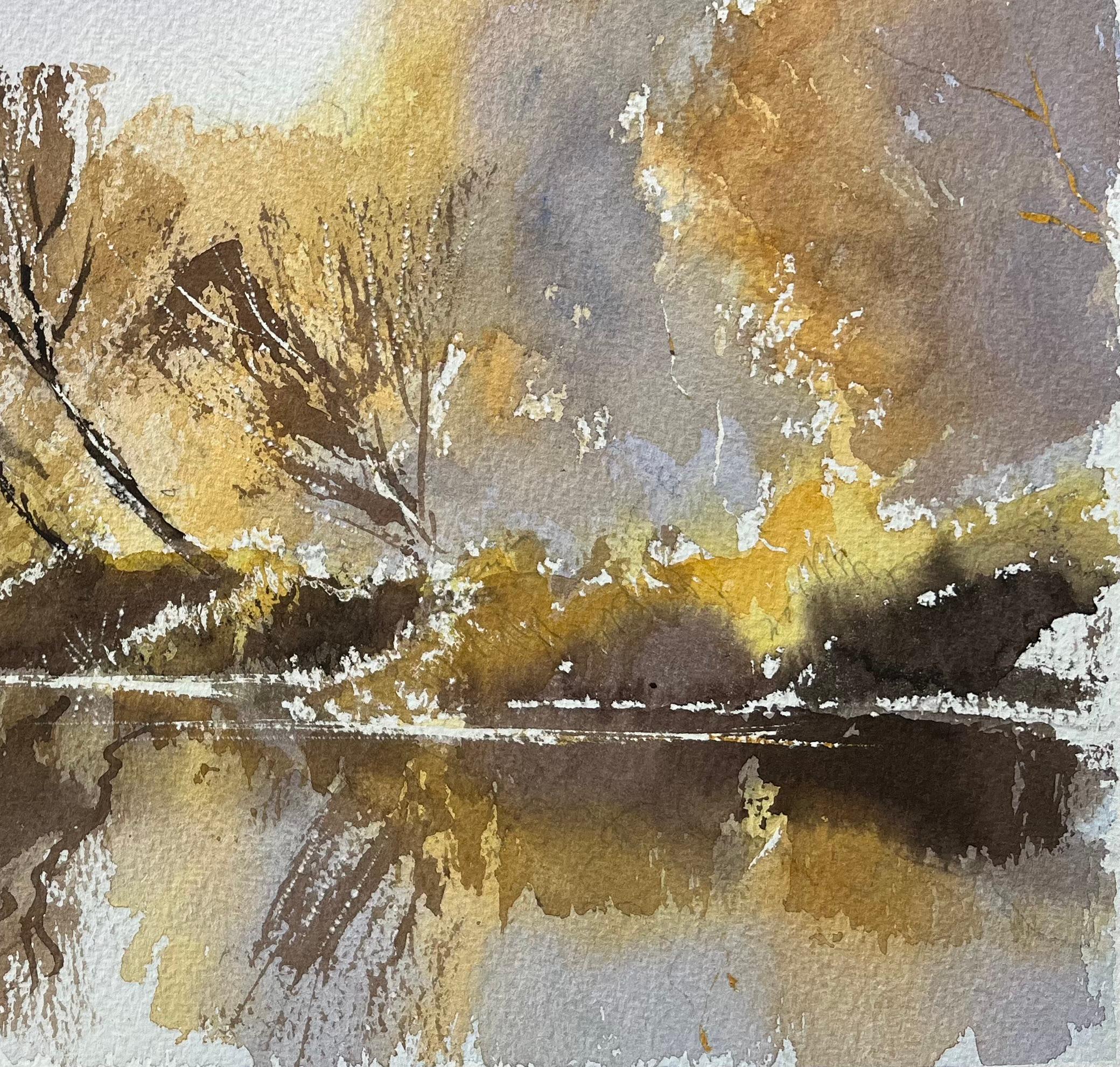 Britisches Aquarell mit herbstlichen Reflexionen auf einem Stillsee mit Boot (Impressionismus), Painting, von Anthony Avery