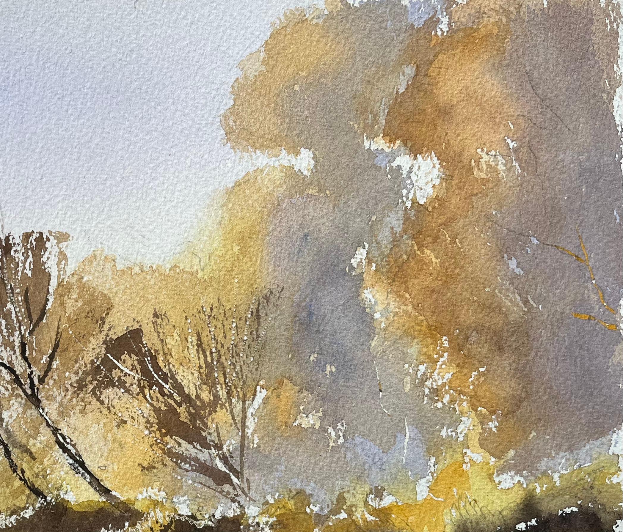 Britisches Aquarell mit herbstlichen Reflexionen auf einem Stillsee mit Boot (Grau), Landscape Painting, von Anthony Avery