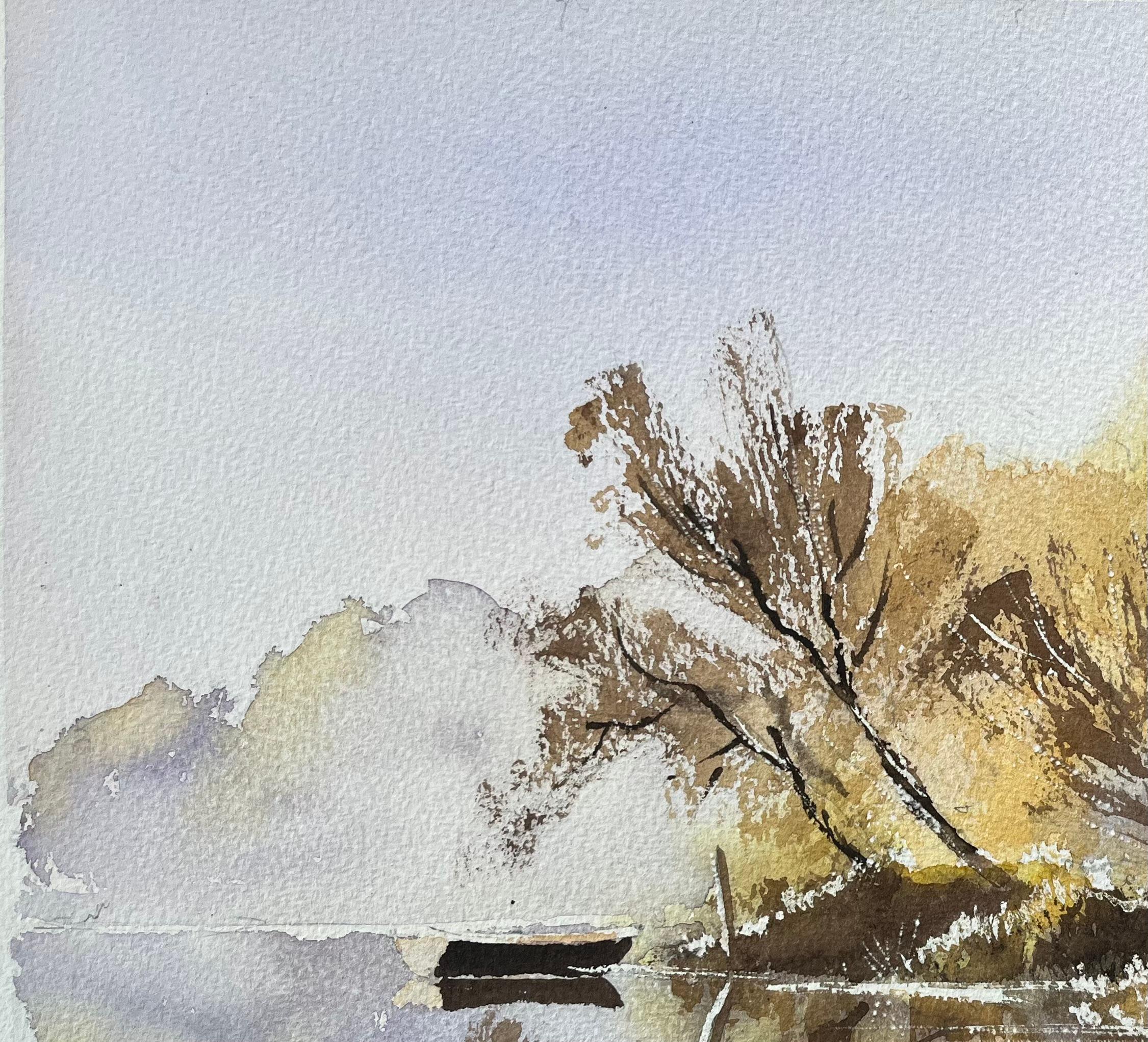 Britisches Aquarell mit herbstlichen Reflexionen auf einem Stillsee mit Boot im Angebot 1