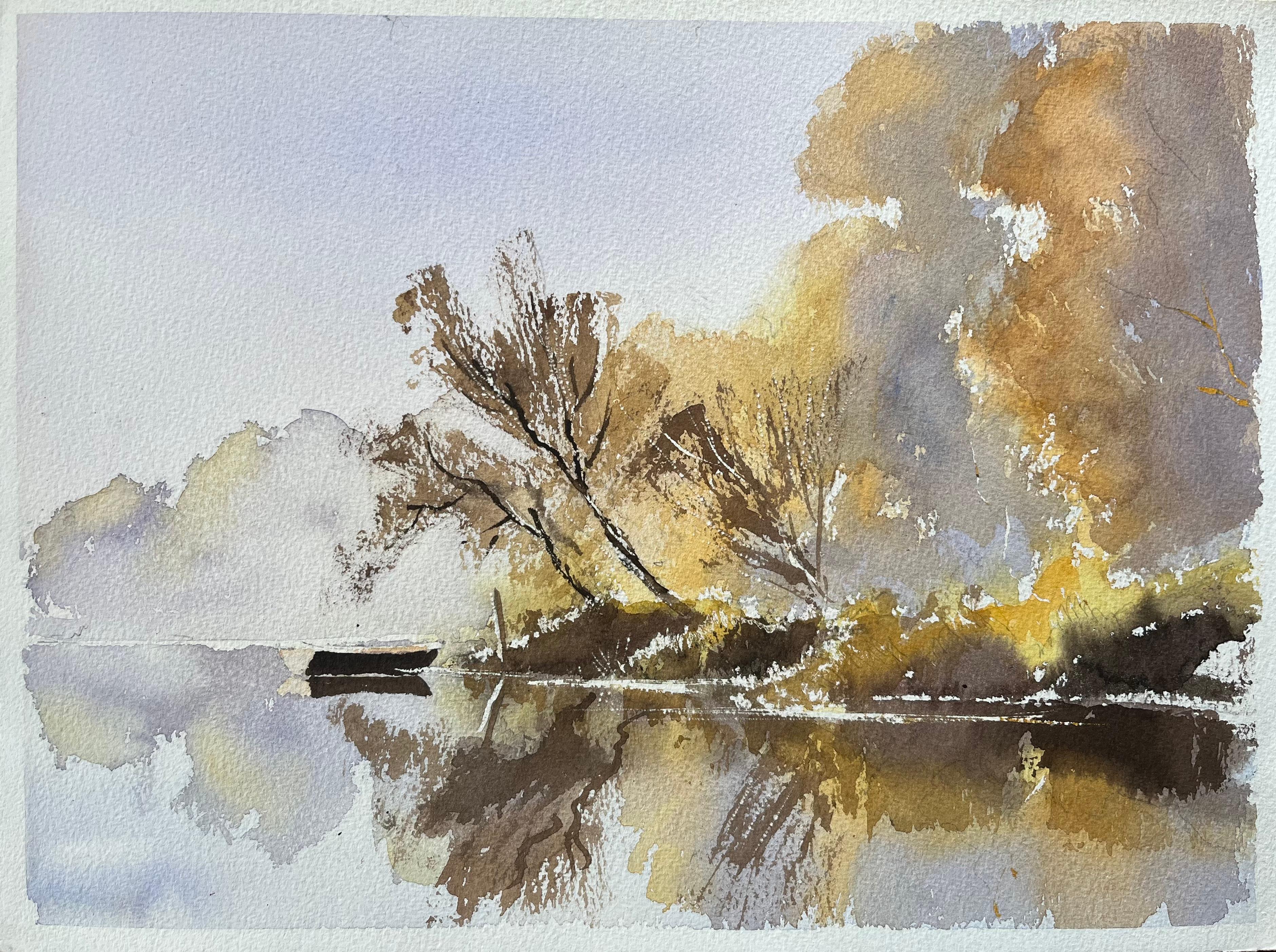 Aquarelle britannique des reflets d'automne sur un lac calme avec un bateau