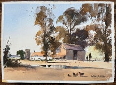 British Watercolor Rural Farm Scene with Barn, Church, and Fowl