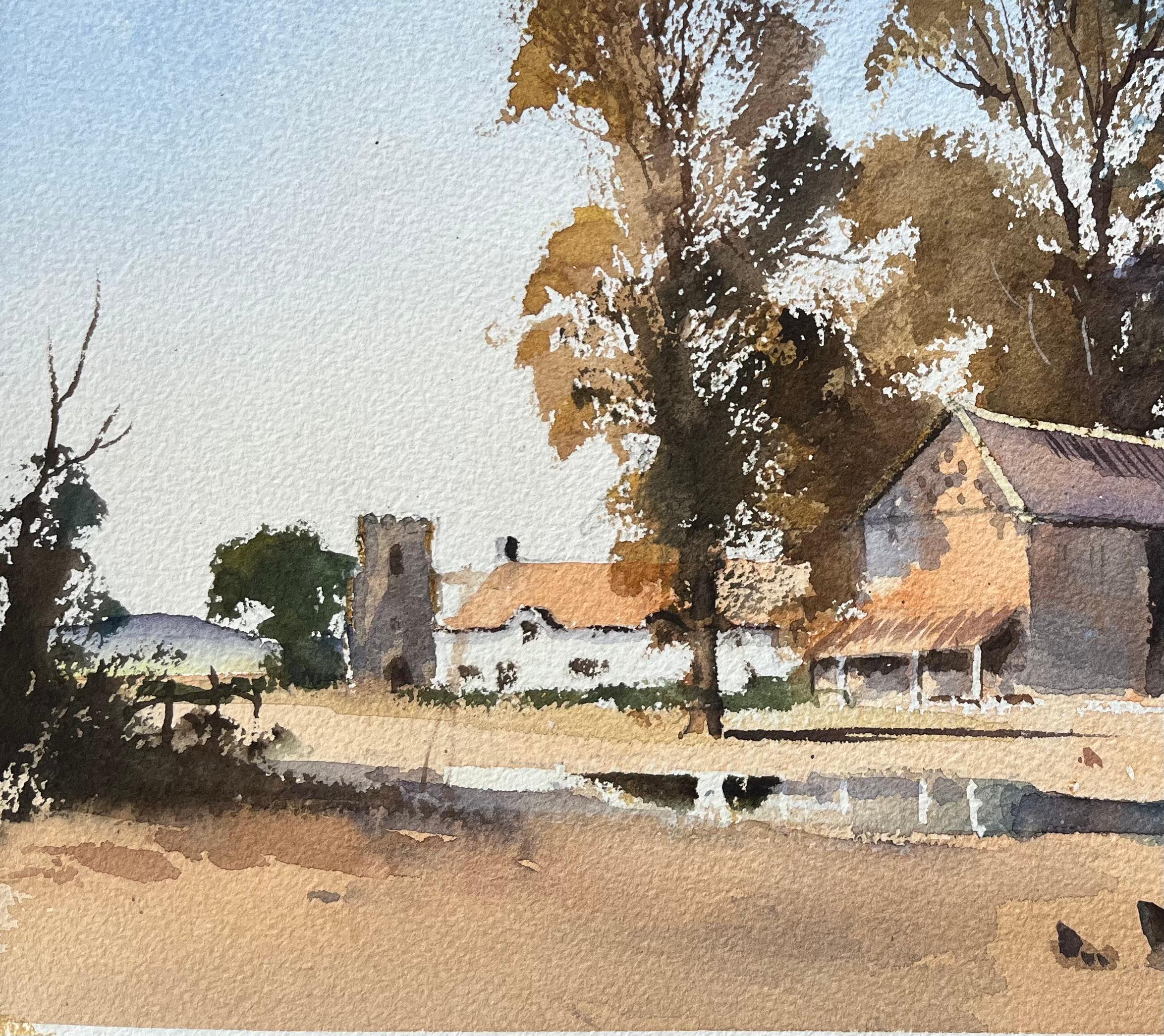 British Watercolor Rural Farm Scene with Barn, Church, and Fowl - Impressionist Painting by Anthony Avery