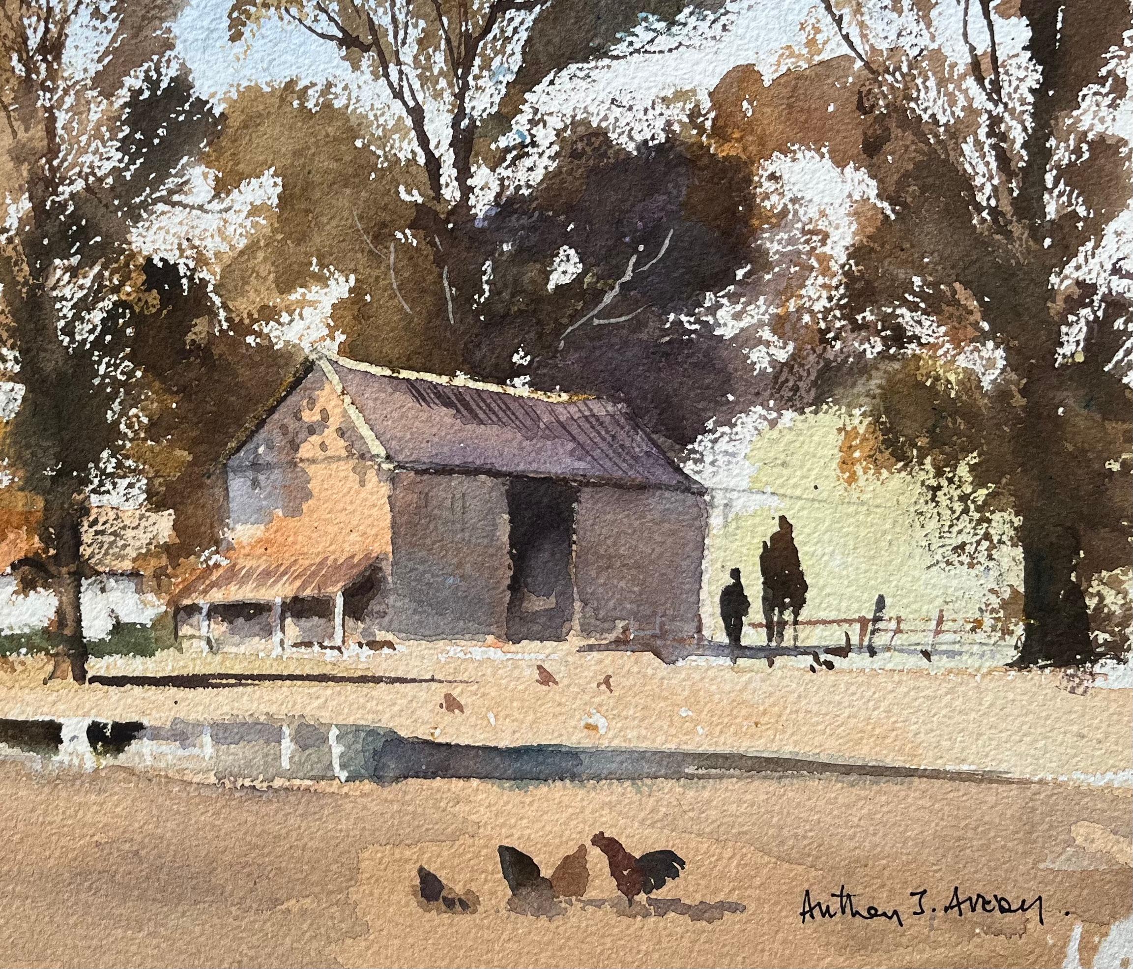 British Watercolor Rural Farm Scene with Barn, Church, and Fowl - Gray Landscape Painting by Anthony Avery