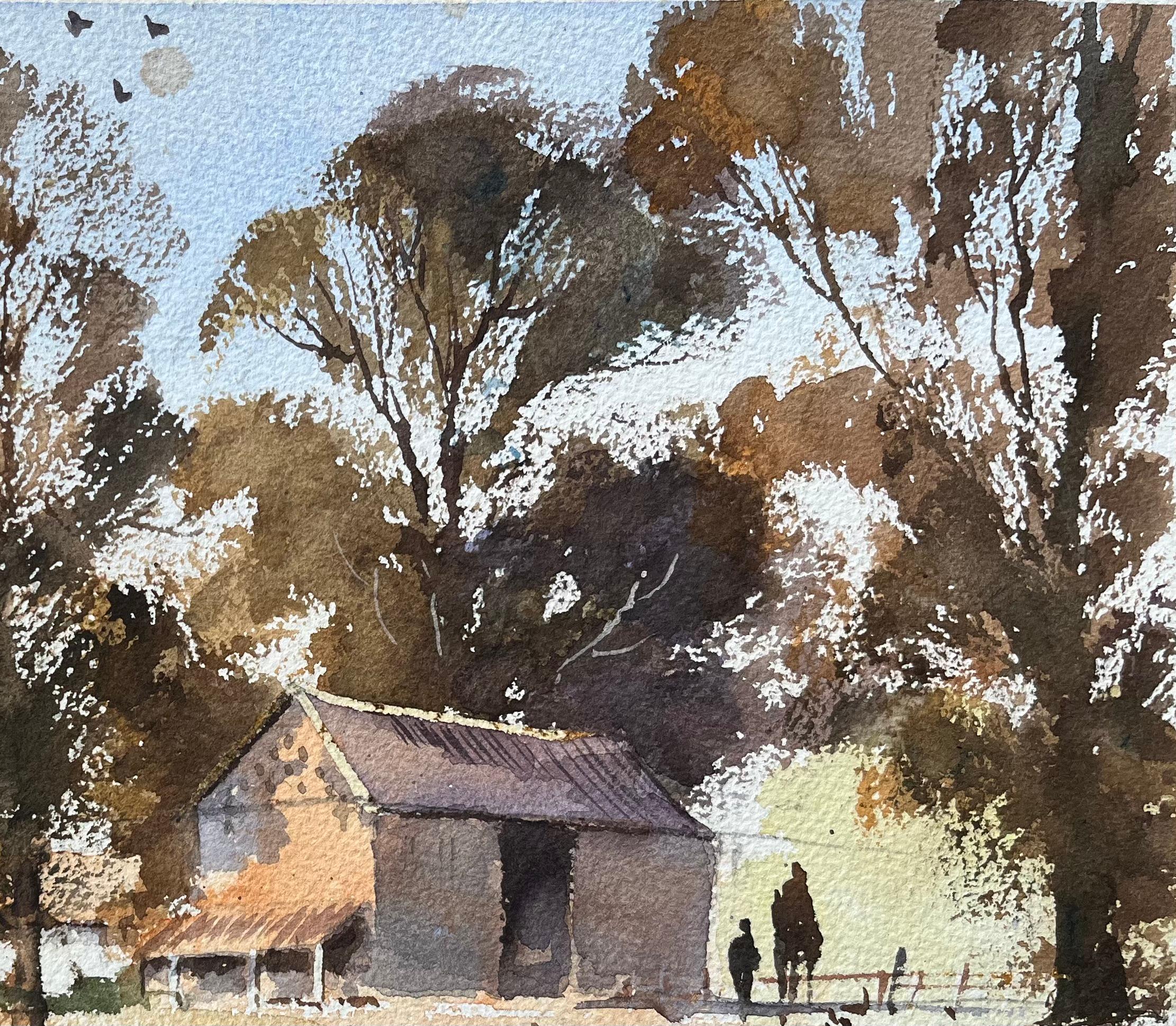 Title: British Watercolor Rural Farm Scene with Barn, Church, and Fowl
By Anthony Avery (British 1946-2023)
Original watercolor on artists paper, unframed
Signed: Yes
Dimensions: 11 x 15.25 inches (Height x Width)
Condition: Good, with some minor