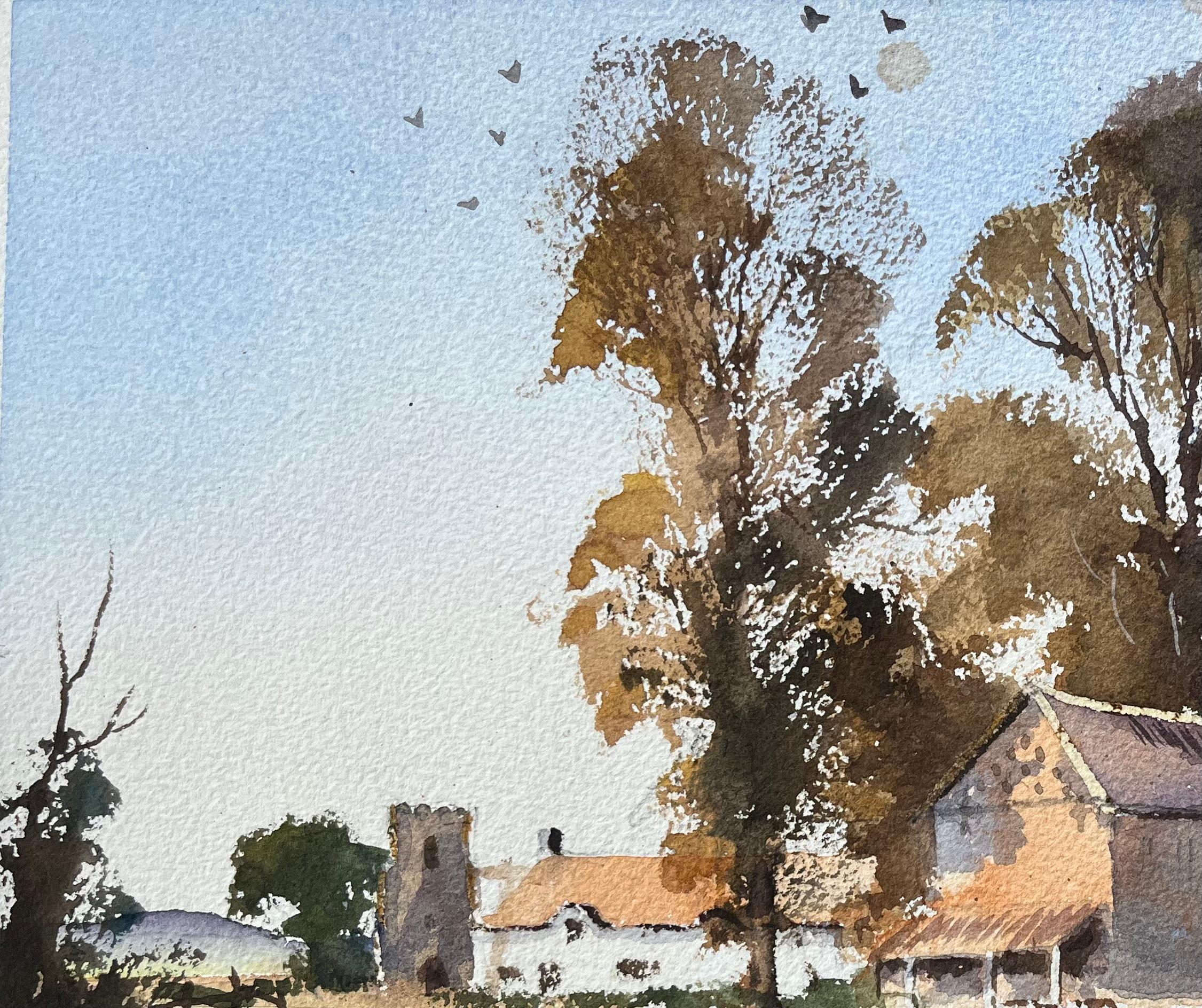 British Watercolor Rural Farm Scene with Barn, Church, and Fowl For Sale 1