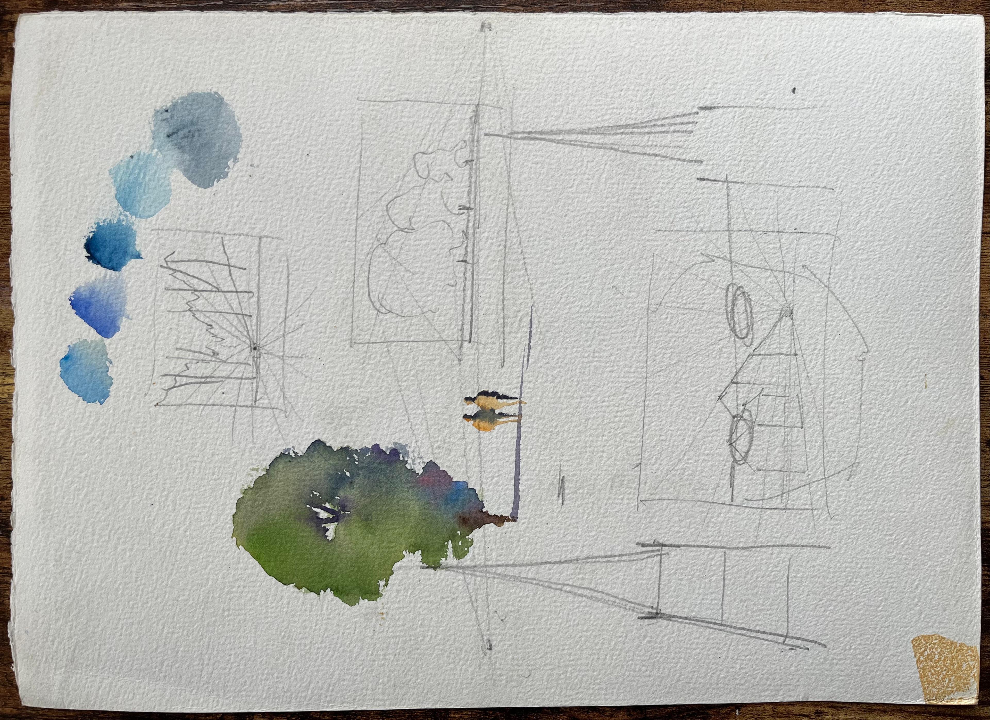 British Watercolor Rural Farm Scene with Barn, Church, and Fowl For Sale 2
