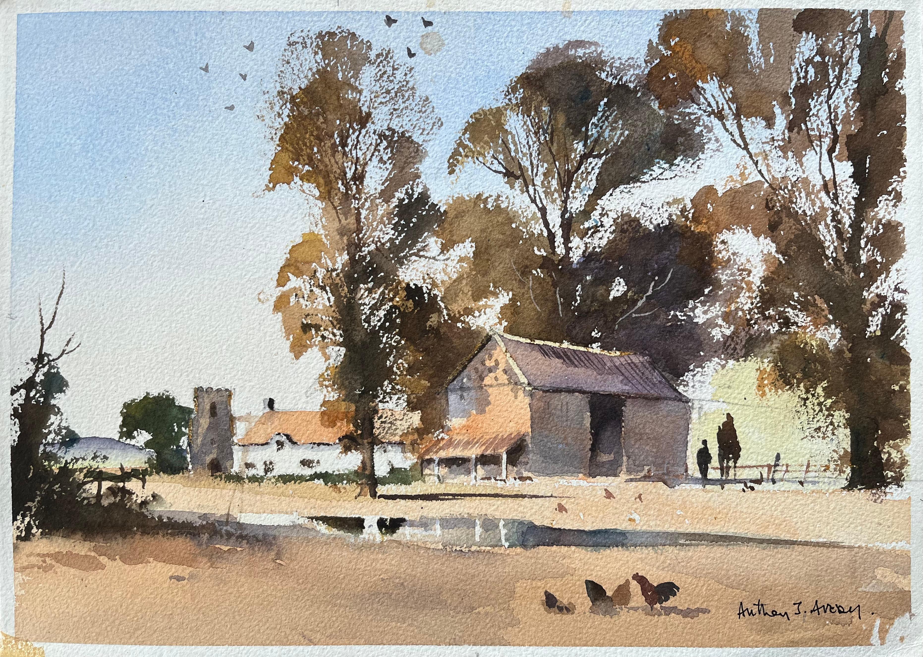 Anthony Avery Landscape Painting - British Watercolor Rural Farm Scene with Barn, Church, and Fowl