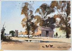 British Watercolor Rural Farm Scene with Barn, Church, and Fowl