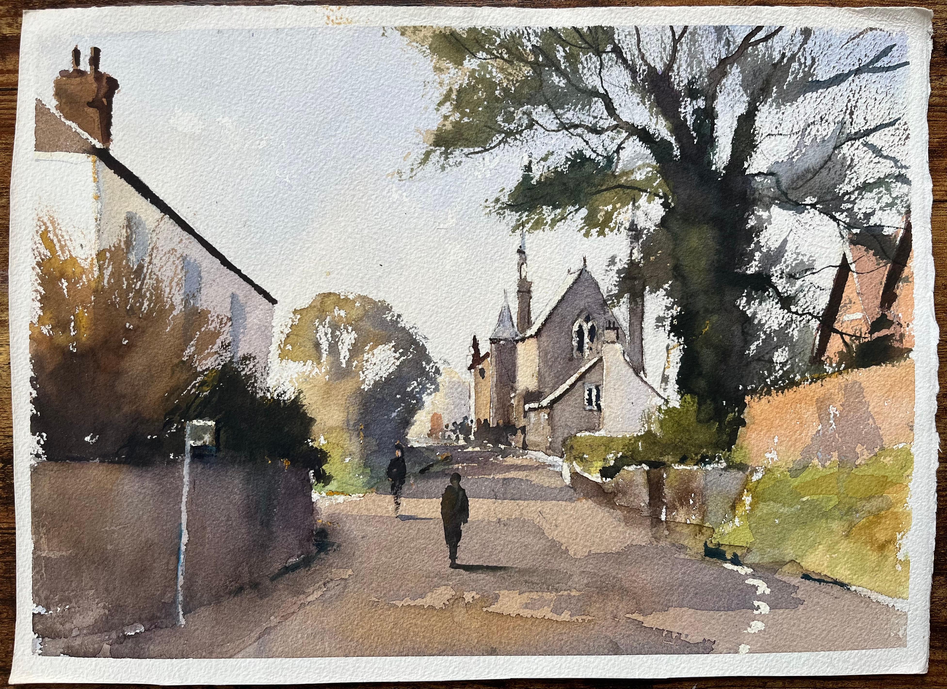 Acquerello britannico: strada del villaggio con chiesa e figure - Painting di Anthony Avery