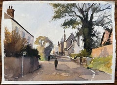 Acquerello britannico: strada del villaggio con chiesa e figure