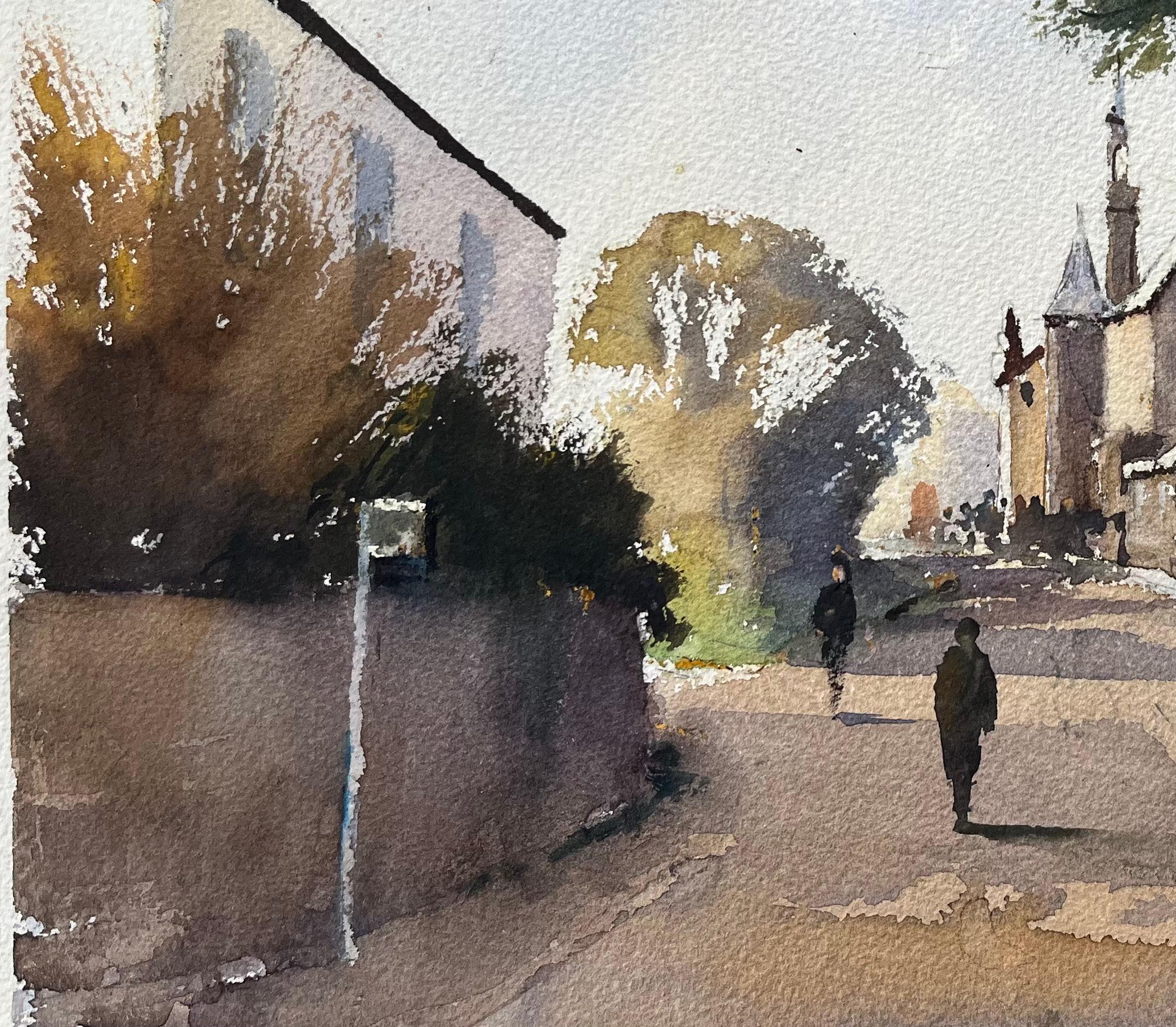 Acquerello britannico: strada del villaggio con chiesa e figure - Painting Impressionismo di Anthony Avery