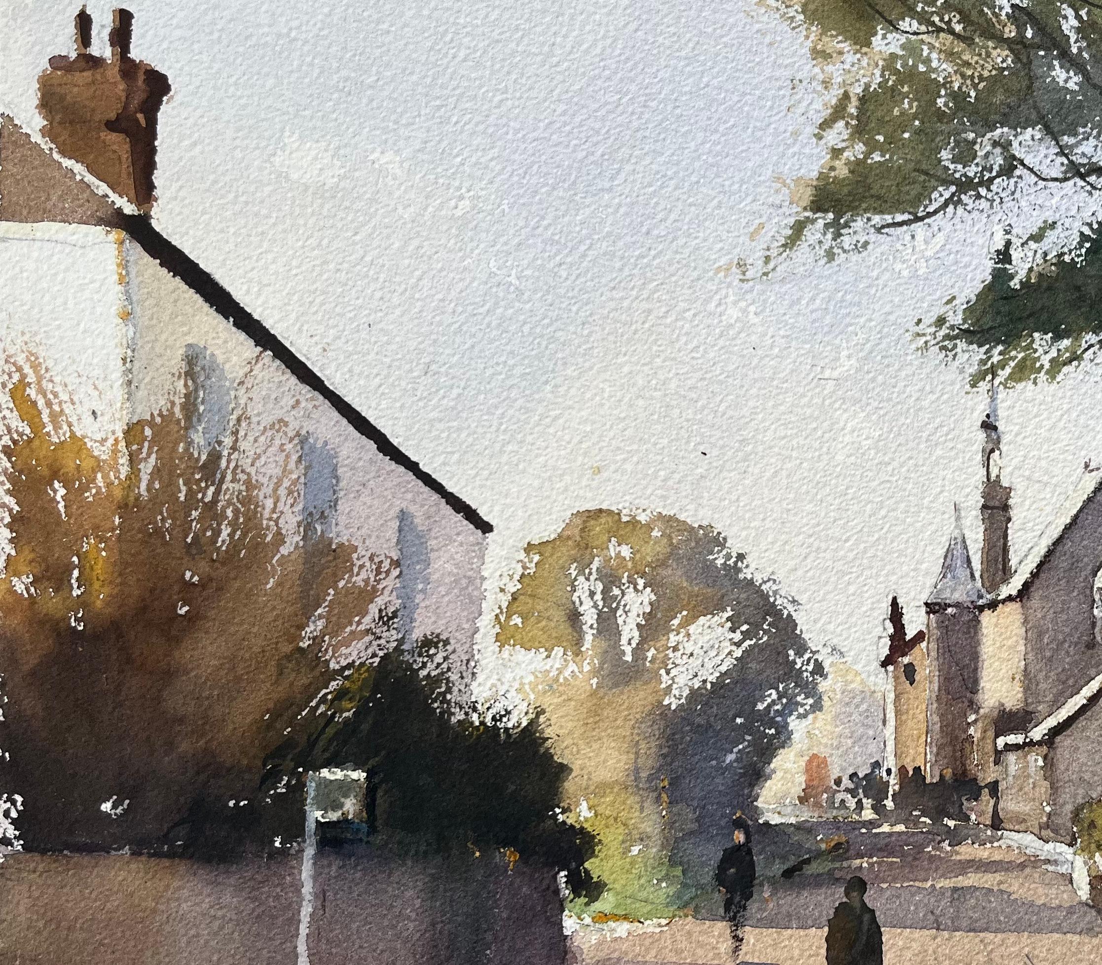 Acquerello britannico: strada del villaggio con chiesa e figure - Landscape Painting Marrone di Anthony Avery