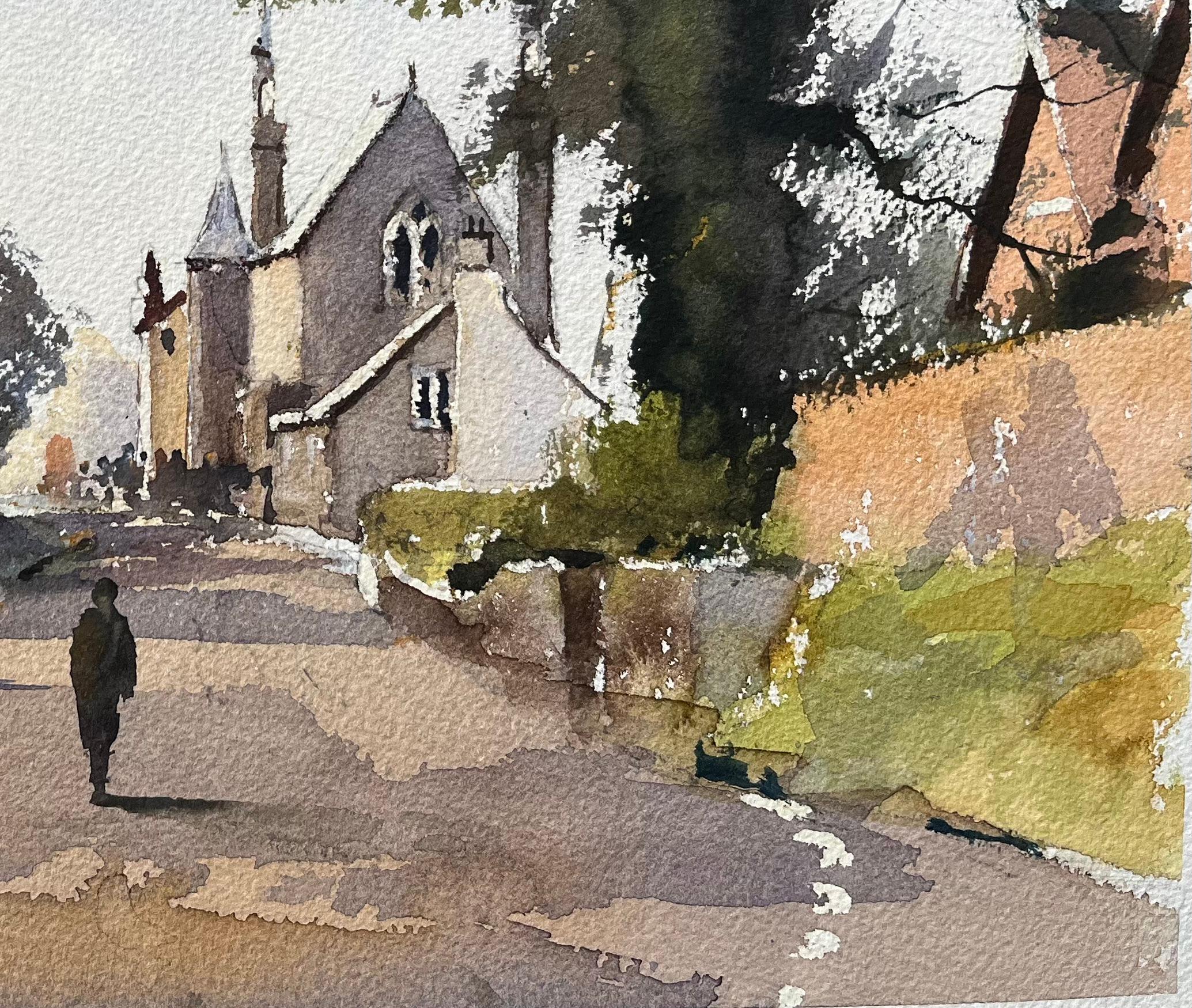Titolo: Acquerello britannico: strada del villaggio con chiesa e figure
Di Anthony Avery (Regno Unito 1946-2023)
Acquerello originale su carta per artisti, senza cornice
Dimensioni: 11,25 x 15,25 pollici (altezza x larghezza)
Condit: Buono, con