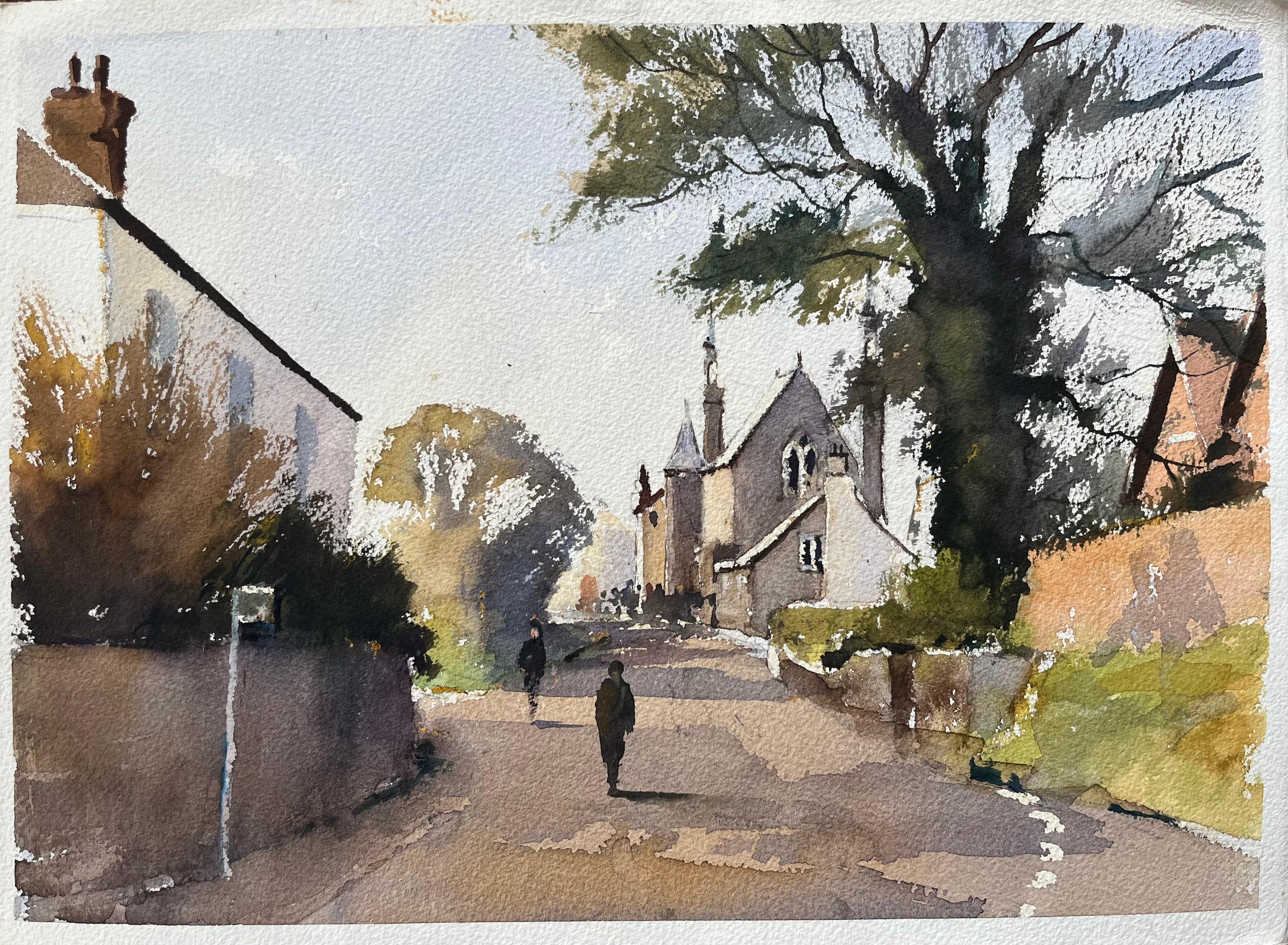 Landscape Painting di Anthony Avery - Acquerello britannico: strada del villaggio con chiesa e figure