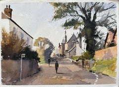 Britische Aquarell- Village Street mit Kirche und Figuren